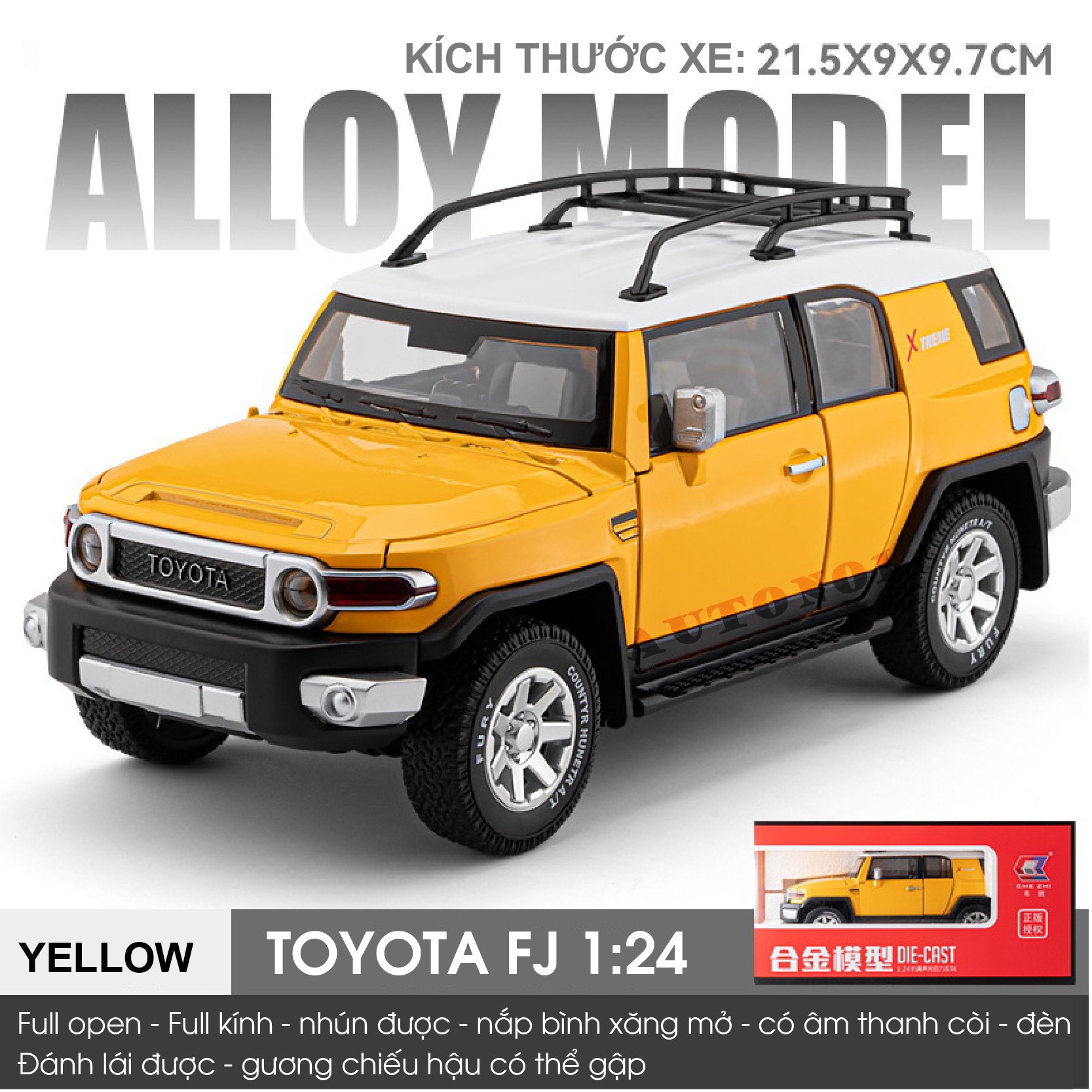  Mô hình xe Toyota FJ full open - full kính - đánh lái được tỉ lệ 1:24 Chezhi OT24029 