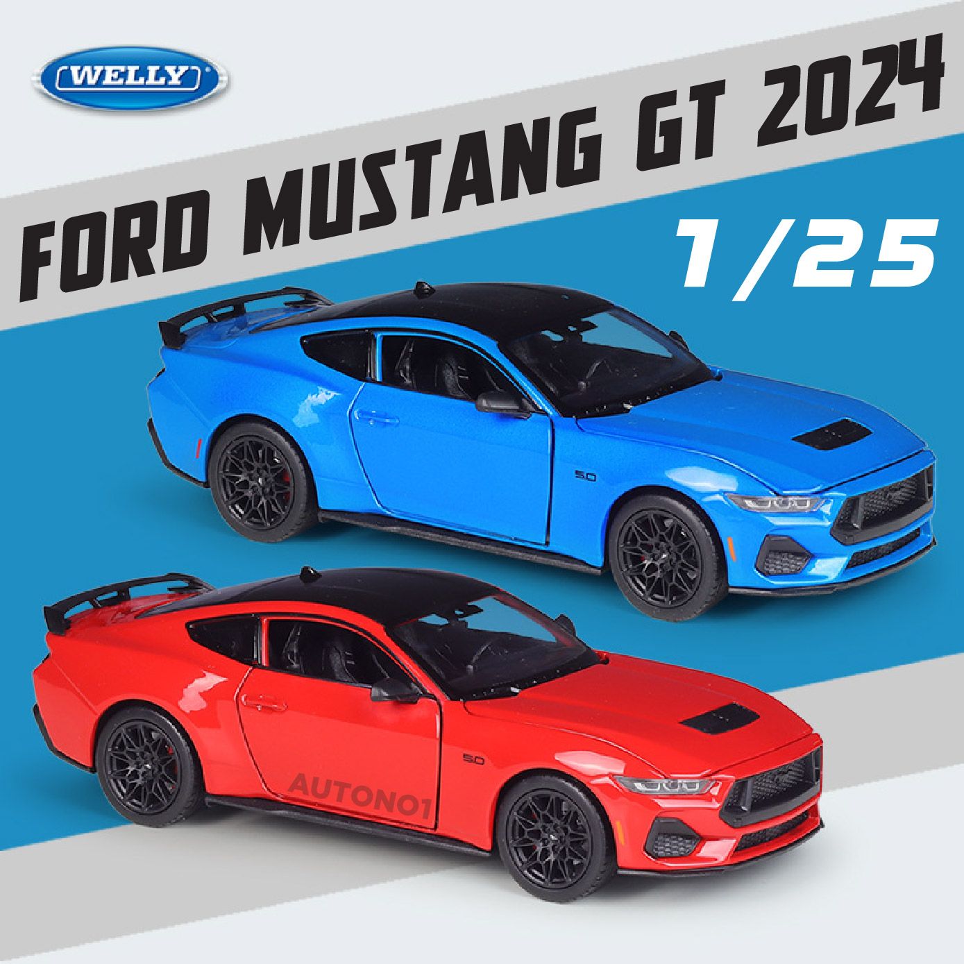  Mô hình xe Ford Mustang GT 2024 full open - đánh lái được tỉ lệ 1:25 Welly OT529 