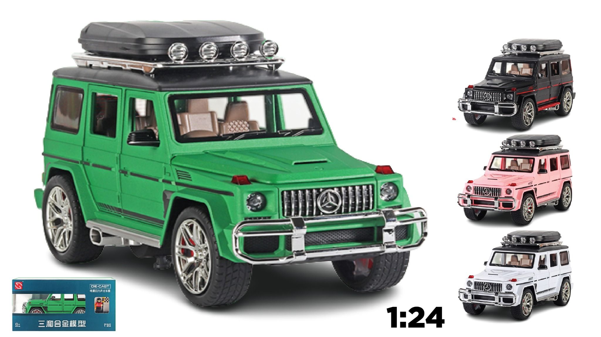  Mô hình xe Mercedes-Benz G-class G63 có hộp camping trên mui, figure, phun khói, đánh lái được full open tỉ lệ 1:24 Alloy Models 8108 