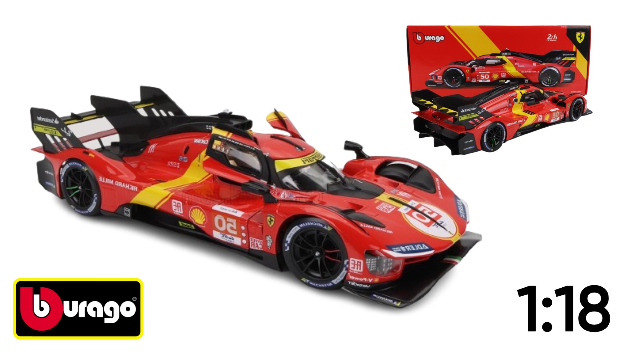  Mô hình xe Ferrari 499P 3.0L turbo V6 team Ferrari Corse N50 5th 24h Le Mans 2023 tỉ lệ 1:18 Bburago OT374 