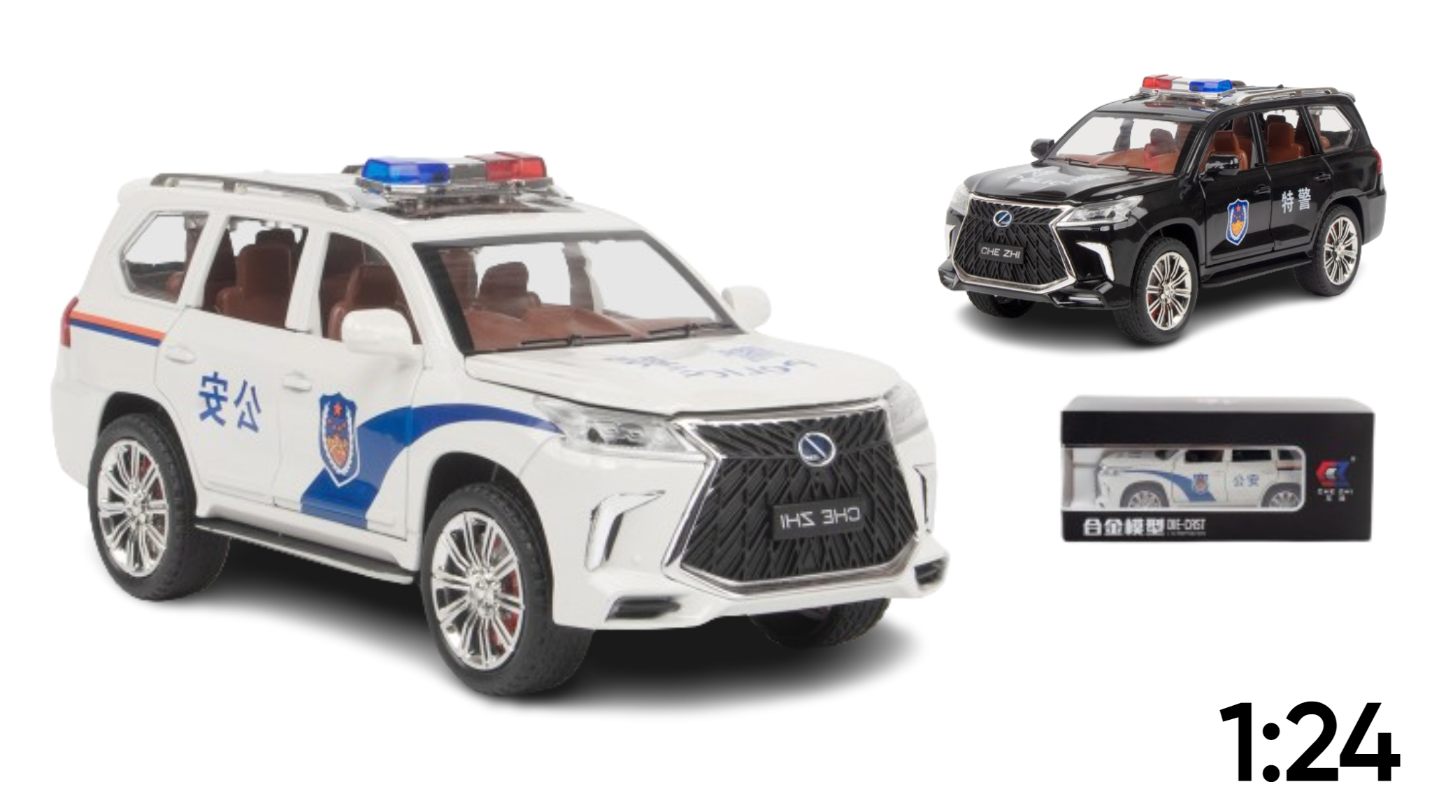  Mô hình xe cảnh sát Lexus LX570 Police có đèn có âm thanh tỉ lệ 1:24 Chezhi OT364 