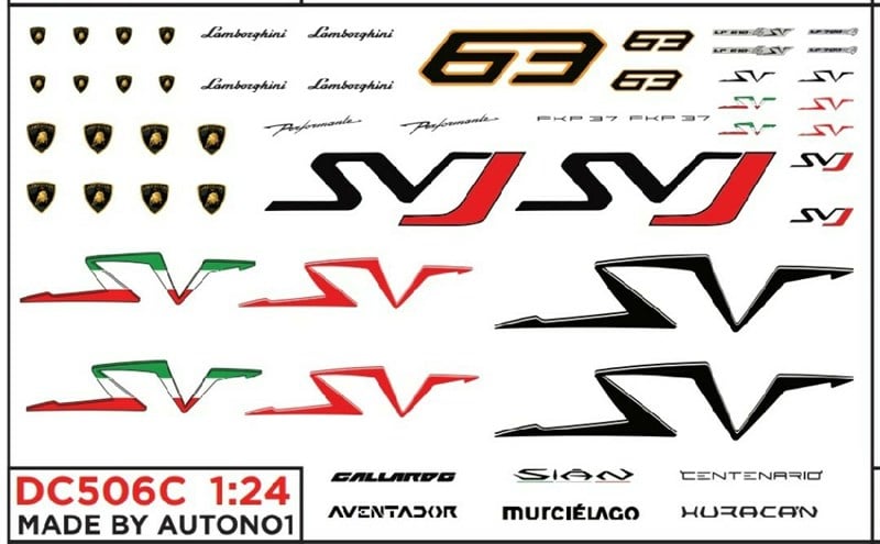  Decal nước trang trí xe Lamborghini - SVJ - SV - Aventador - Sian - Huracan tỉ lệ 1:24 Autono1 DC506c 