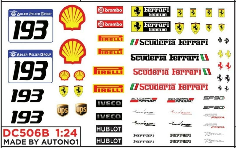  Decal nước trang trí xe Ferrari - SF90 - 488 Pista - Roma - Racing tỉ lệ 1:24 Autono1 DC506b 