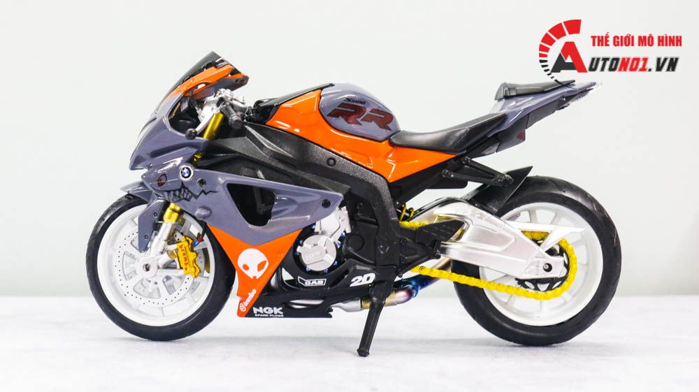 MÔ HÌNH XE BMW S1000RR ĐỘ HÀM CÁ MẬP GRAY - ORANGE - ĐỘ PÔ SC 1:12 AUTONO1 D224H