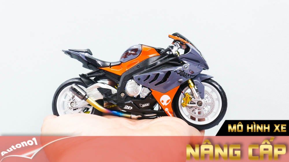 MÔ HÌNH XE BMW S1000RR ĐỘ HÀM CÁ MẬP GRAY - ORANGE - ĐỘ PÔ SC 1:12 AUTONO1 D224H