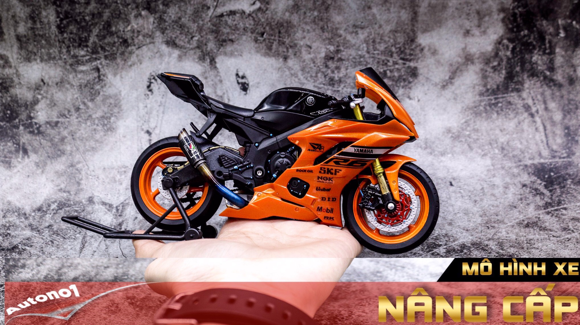  Mô hình xe độ Yamaha R6 Orange Mâm - Pô Kim Loại 1:12 Autono1 Welly D207D 