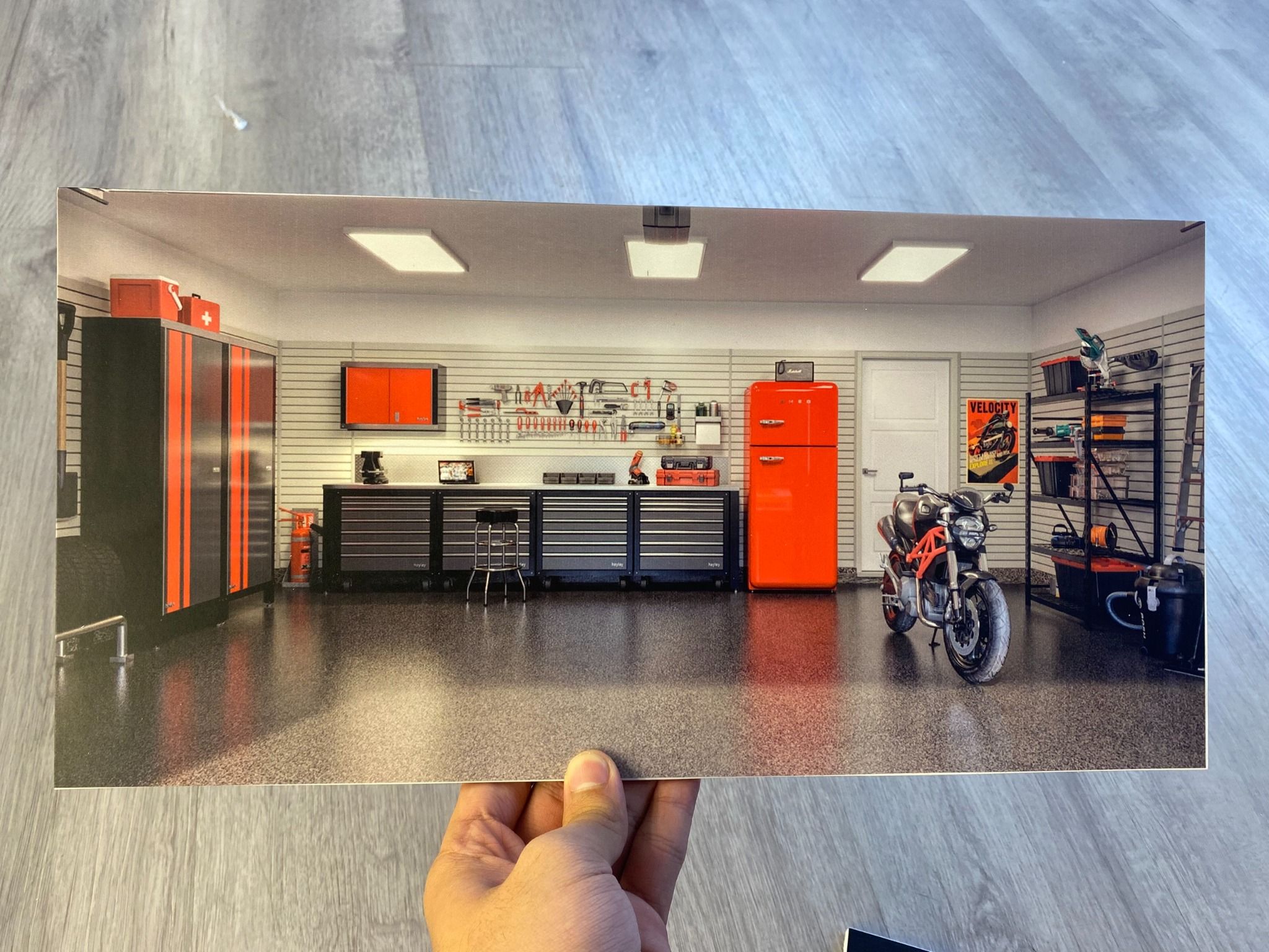  Diorama trưng bày 1 mặt background Garage showroom tools red dành cho mô hình DR017 