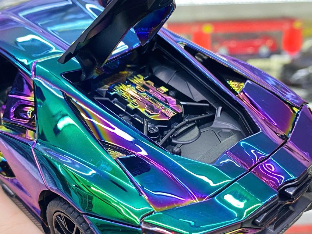 Mô hình xe Lamborghini Revuelto chrome color đánh lái được - full open - có đèn - âm thanh tỉ lệ 1:24 Alloy model OT24063