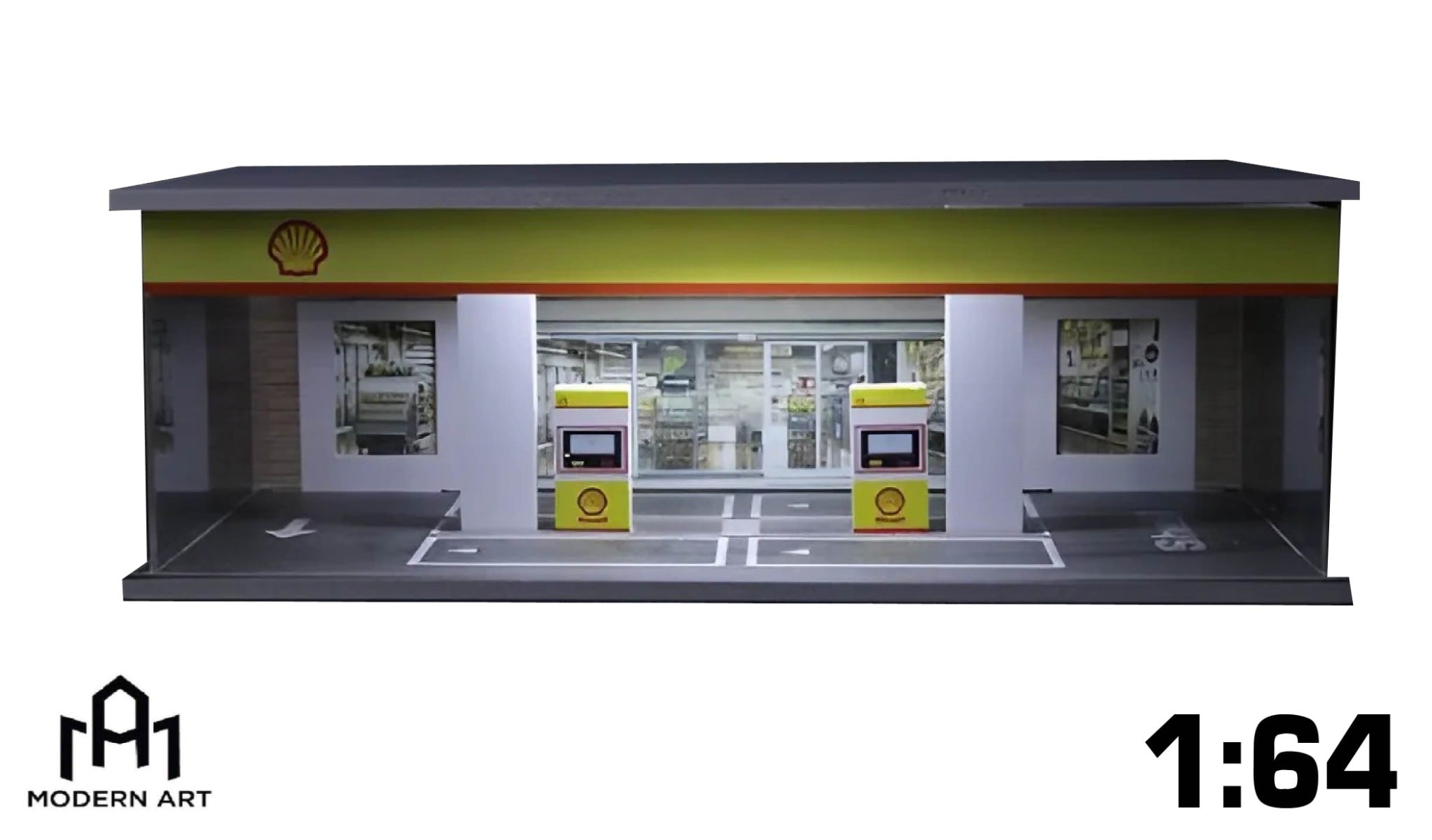  Hộp trưng bày mô phỏng trạm xăng - dầu Shell Oild có đèn - mica bảo vệ tỉ lệ 1:64 MoreArt MO914505 