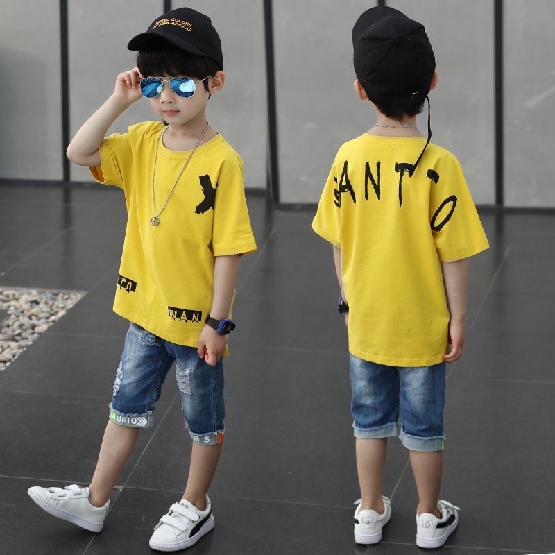  Set quần short jean wash rách áo thun xẻ lai 