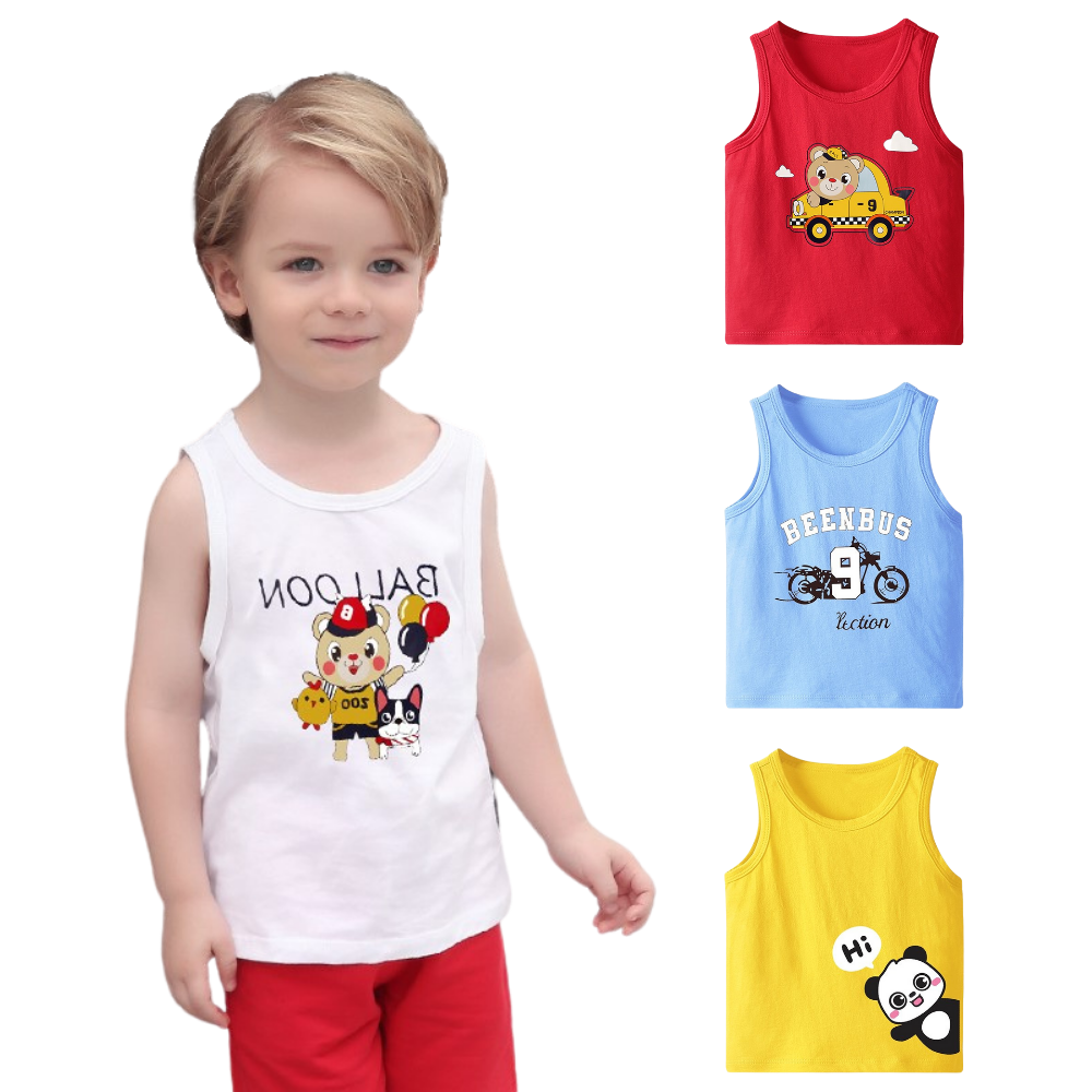 Áo ba lỗ bé trai TrueKids cotton 100% mềm mịn in hình ô tô và