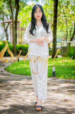 Áo bà ba Hương Lụa áo bà ba lụa tơ tằm màu trắng họa tiết chuồn chuồn