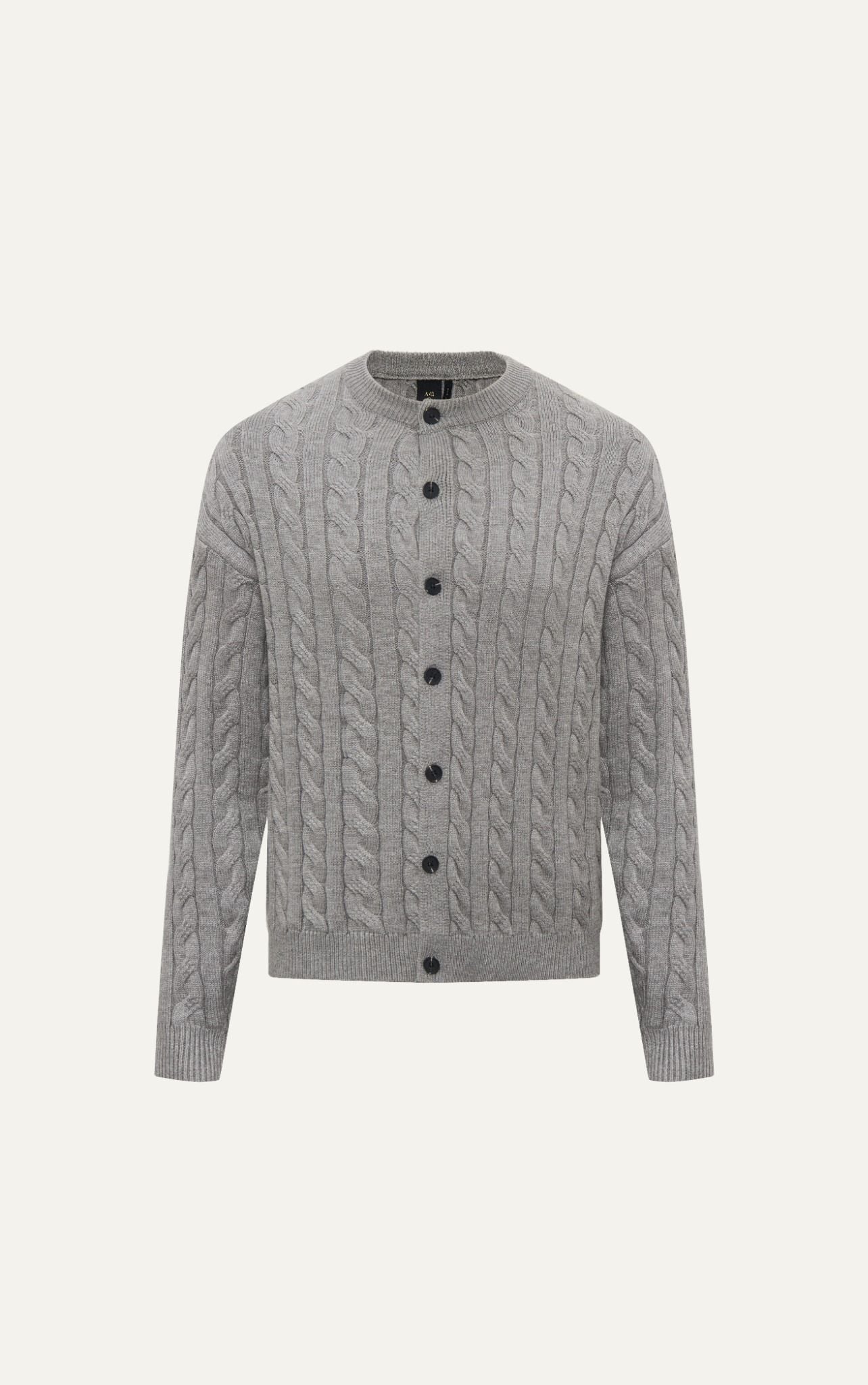  AG751 CABLE KNIT CREWKNECK CARDIGAN - LIGHT GREY 