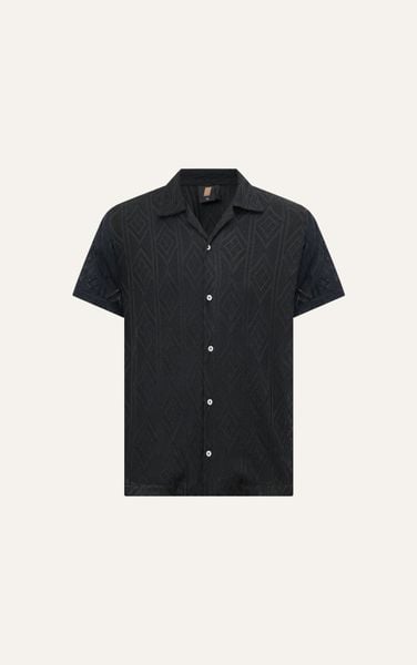  AG537 STUDIO LOOSE FIT CROCHET CUBAN SHIRT - BLACK