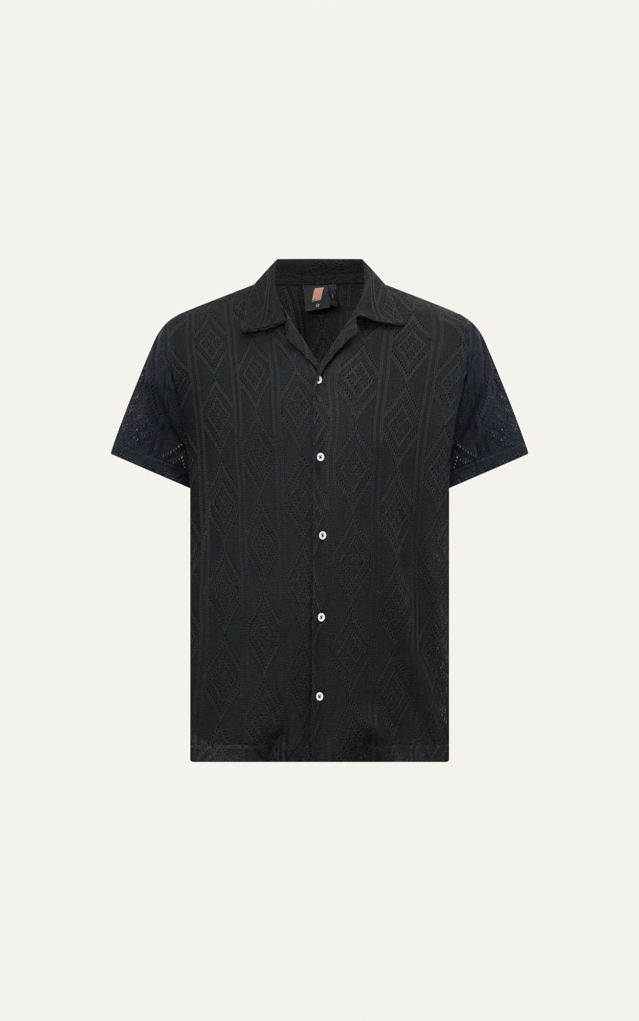  AG537 STUDIO LOOSE FIT CROCHET CUBAN SHIRT - BLACK 