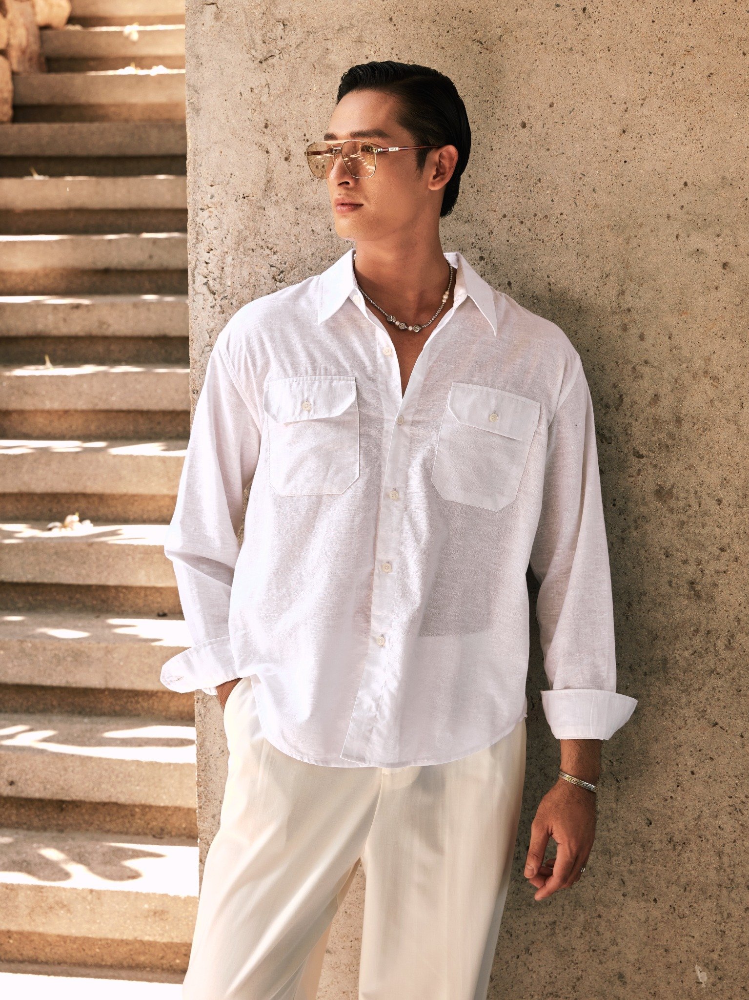 AG536 PREMIUM REGULAR FIT LINEN POCKET SHIRT - WHITE