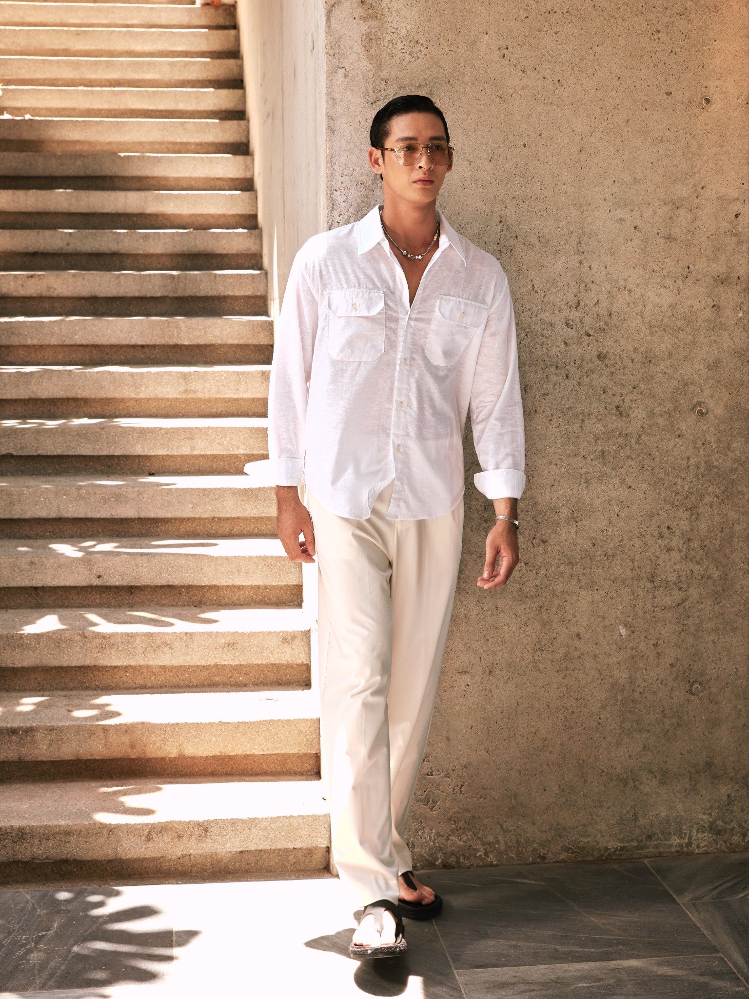 AG536 PREMIUM REGULAR FIT LINEN POCKET SHIRT - WHITE