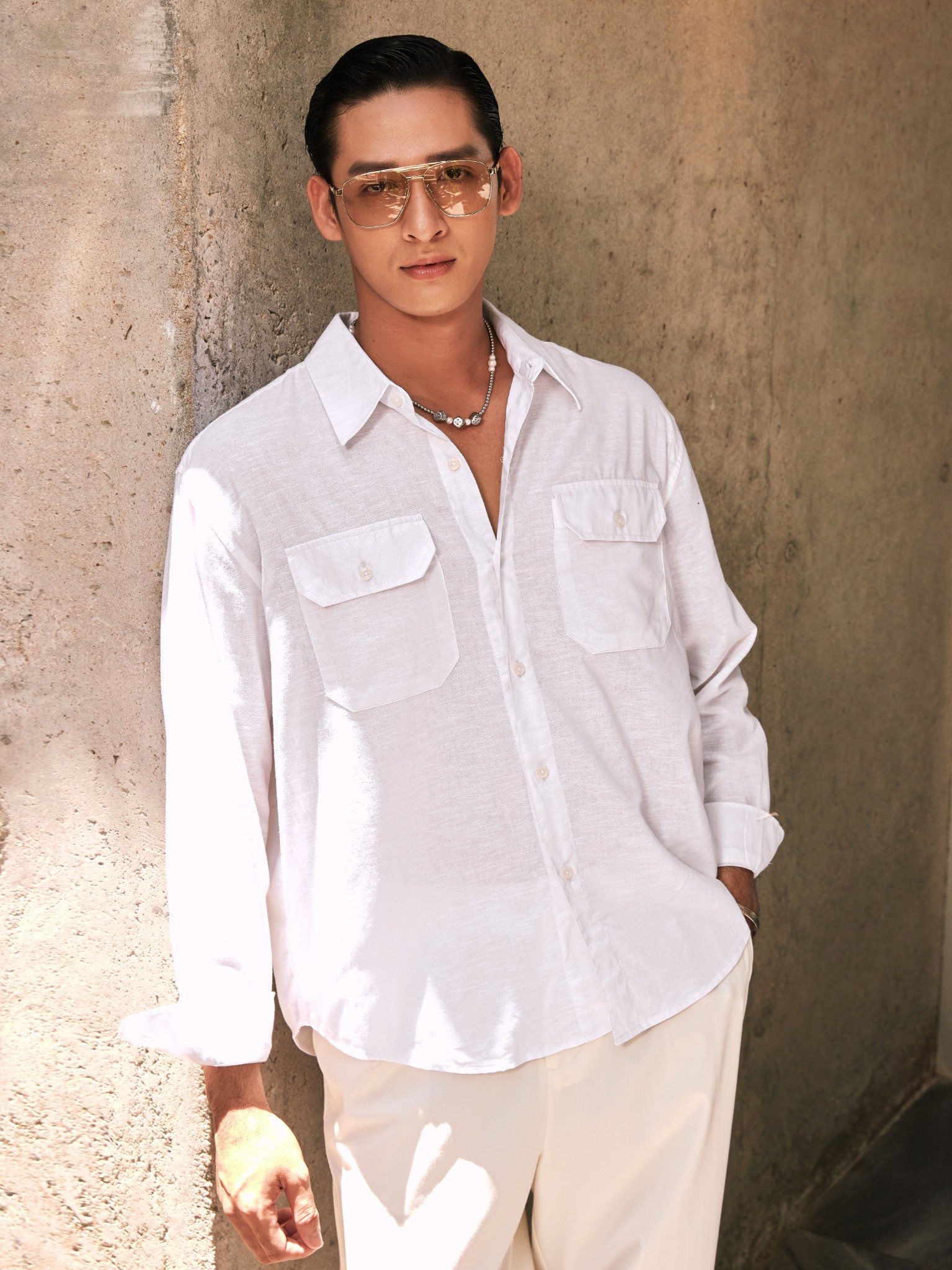 AG536 PREMIUM REGULAR FIT LINEN POCKET SHIRT - WHITE