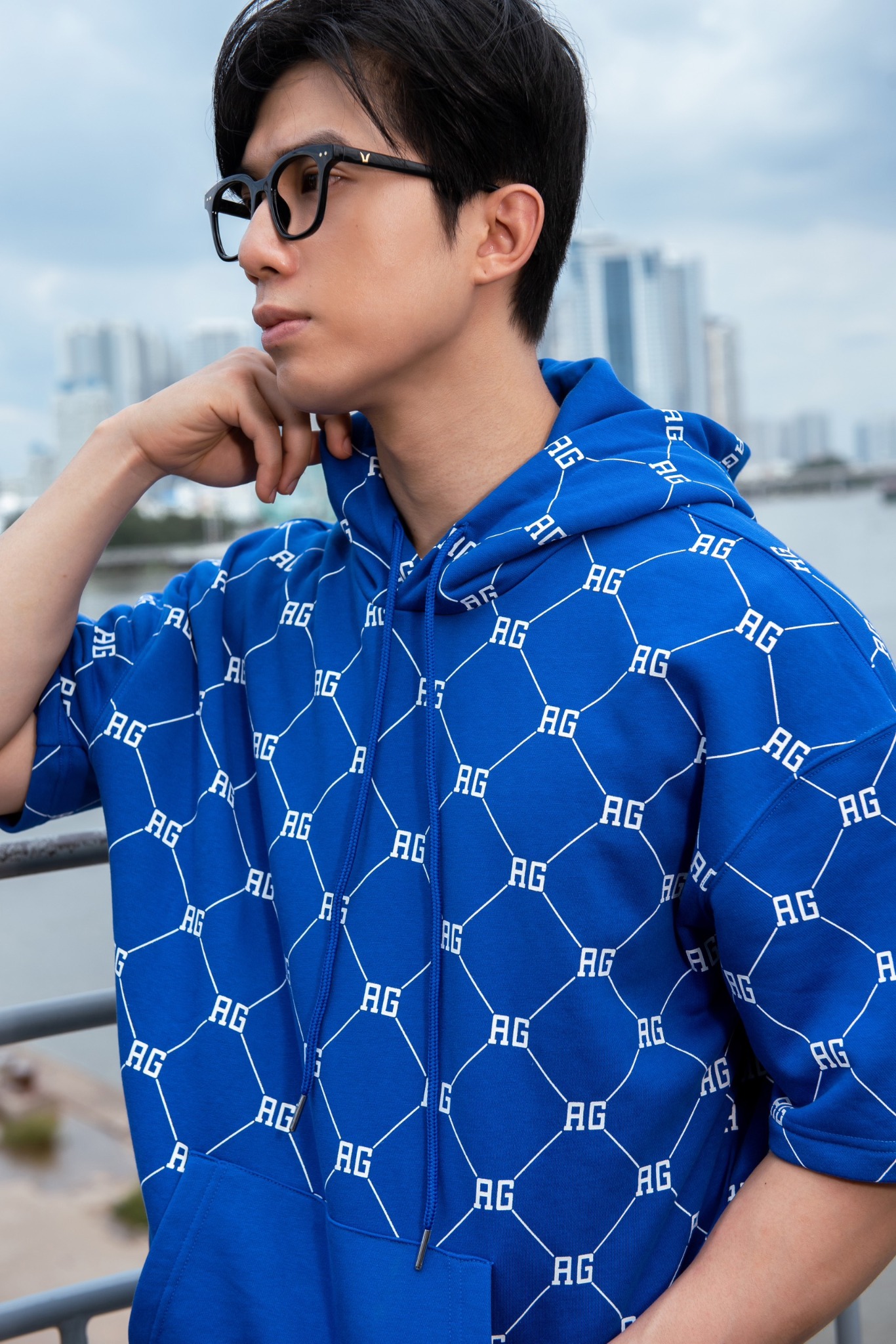 AG64 STUDIO OVERSIZE MONOGRAM PRINTED HOODIE - BLUE