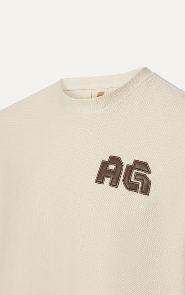  AG19 STUDIO LOOSE FIT DETAIL LOGO LEATHER T-SHIRT - BEIGE 