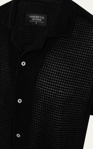 AG533 STUDIO LOOSE FIT CROCHET CUBAN SHIRT - BLACK