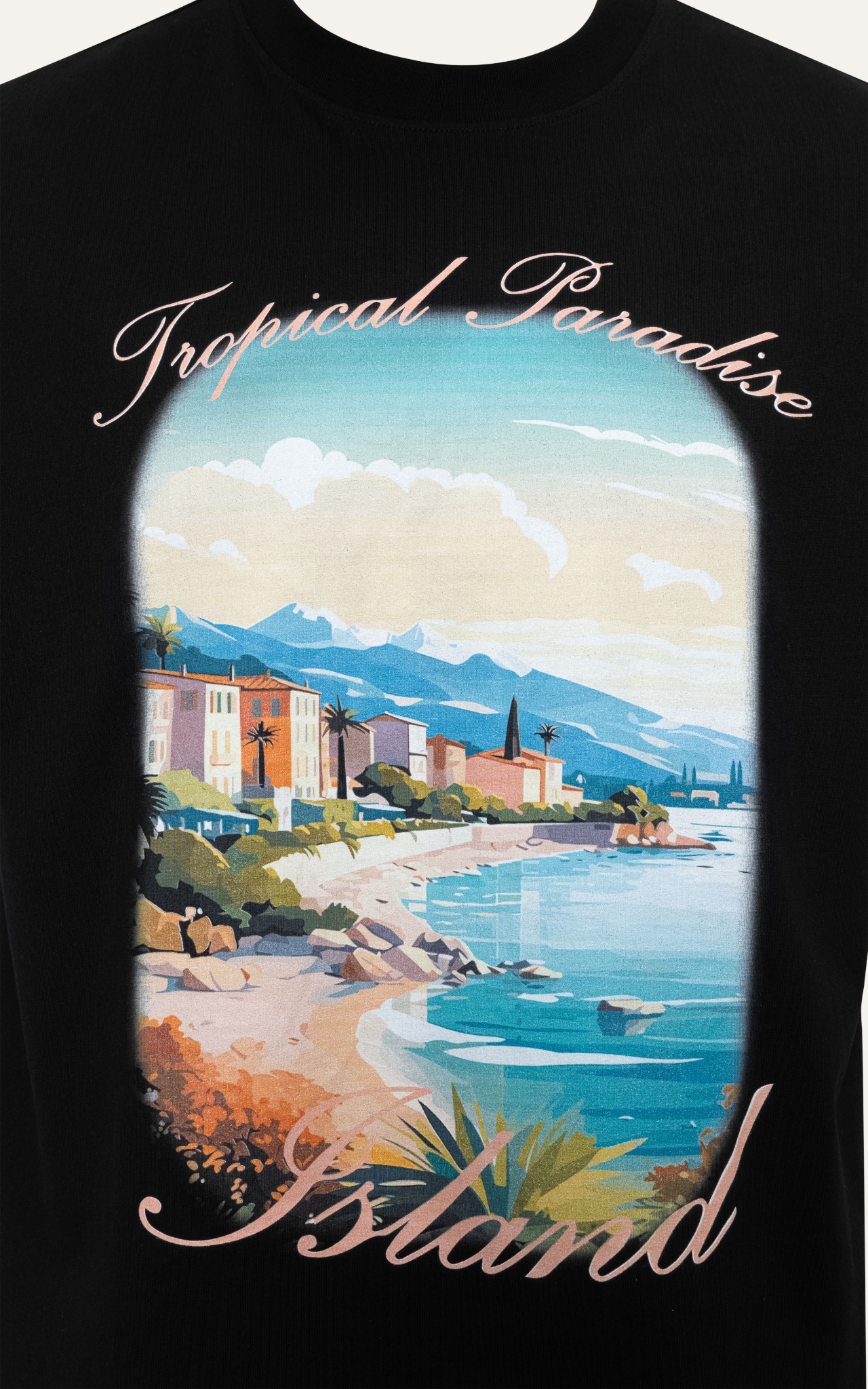 AG695 FACTORY OVERSIZE NEW PRINTED "TROPICAL PARADISE" T-SHIRT - BLACK