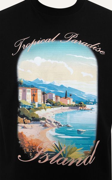  AG695 FACTORY OVERSIZE NEW PRINTED "TROPICAL PARADISE" T-SHIRT - BLACK 