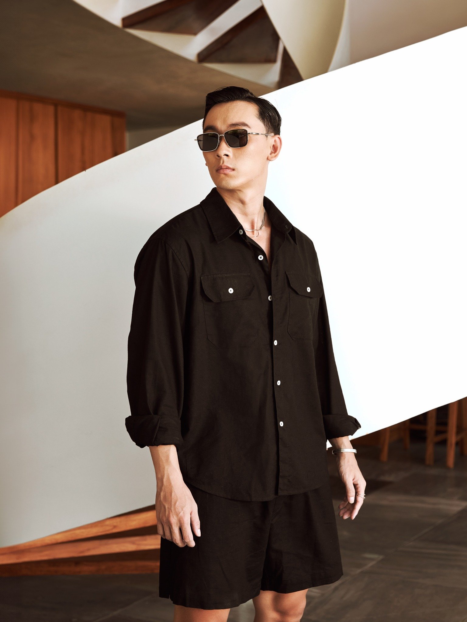 AG536 PREMIUM REGULAR FIT LINEN POCKET SHIRT - BLACK
