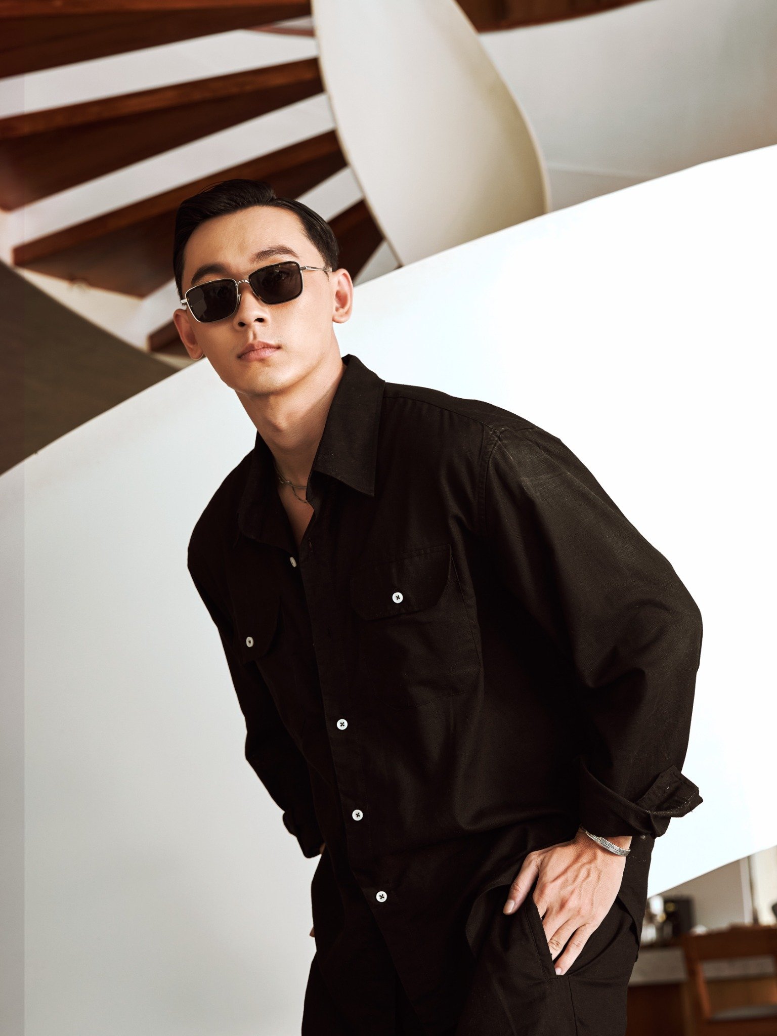 AG536 PREMIUM REGULAR FIT LINEN POCKET SHIRT - BLACK