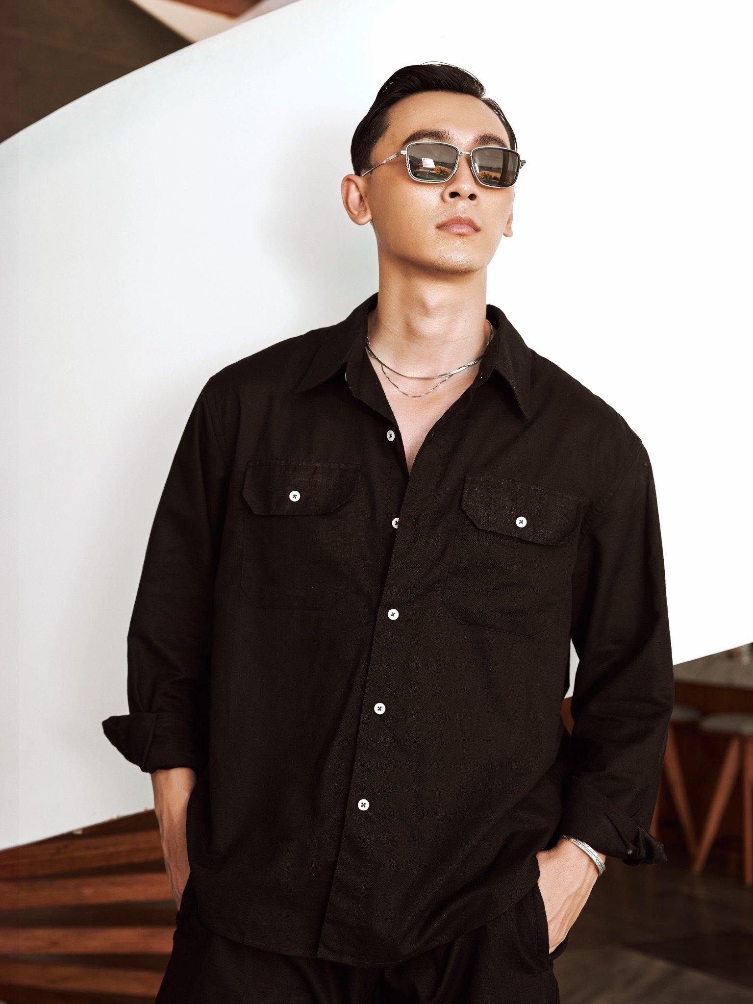 AG536 PREMIUM REGULAR FIT LINEN POCKET SHIRT - BLACK