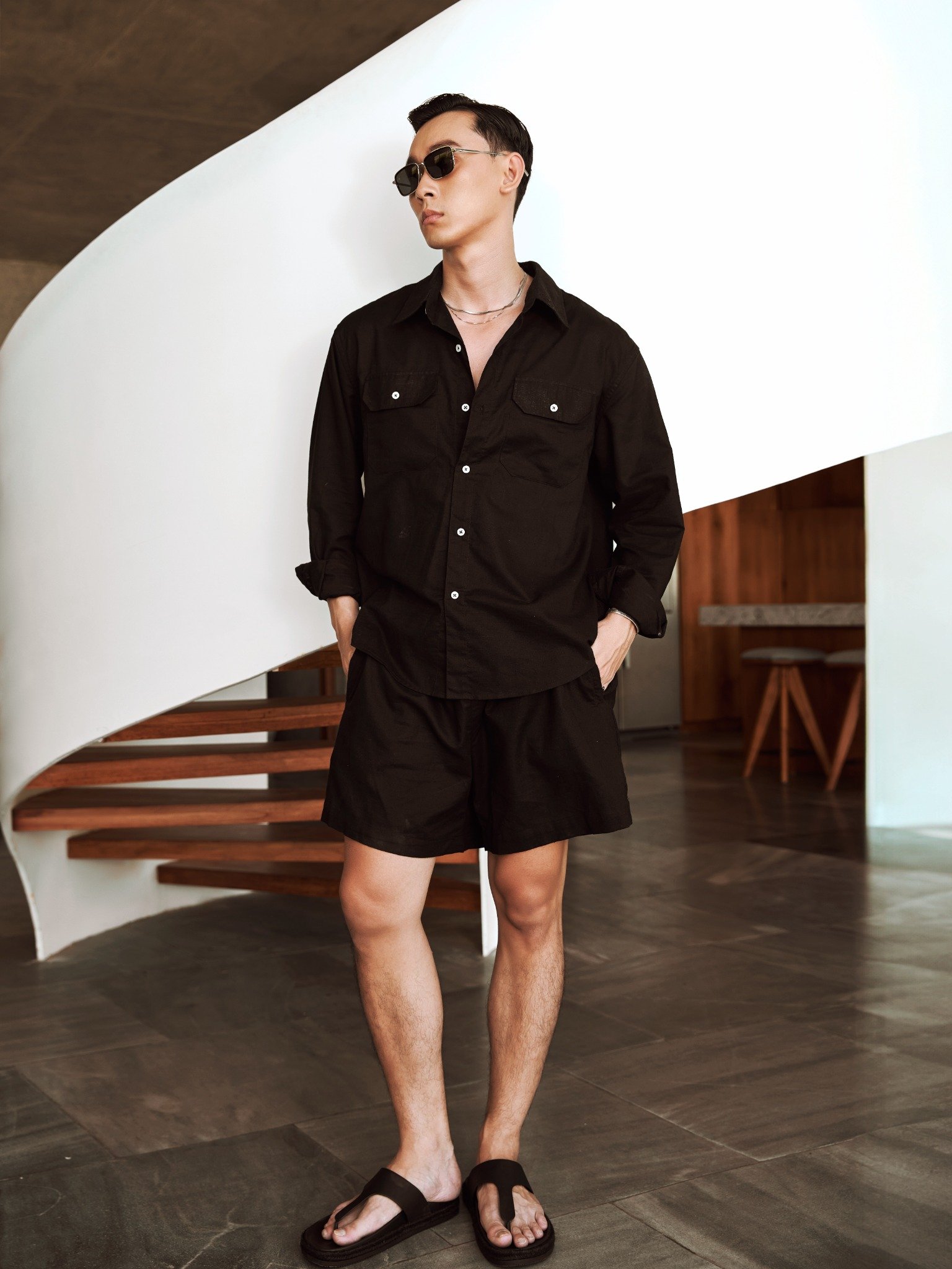 AG536 PREMIUM REGULAR FIT LINEN POCKET SHIRT - BLACK
