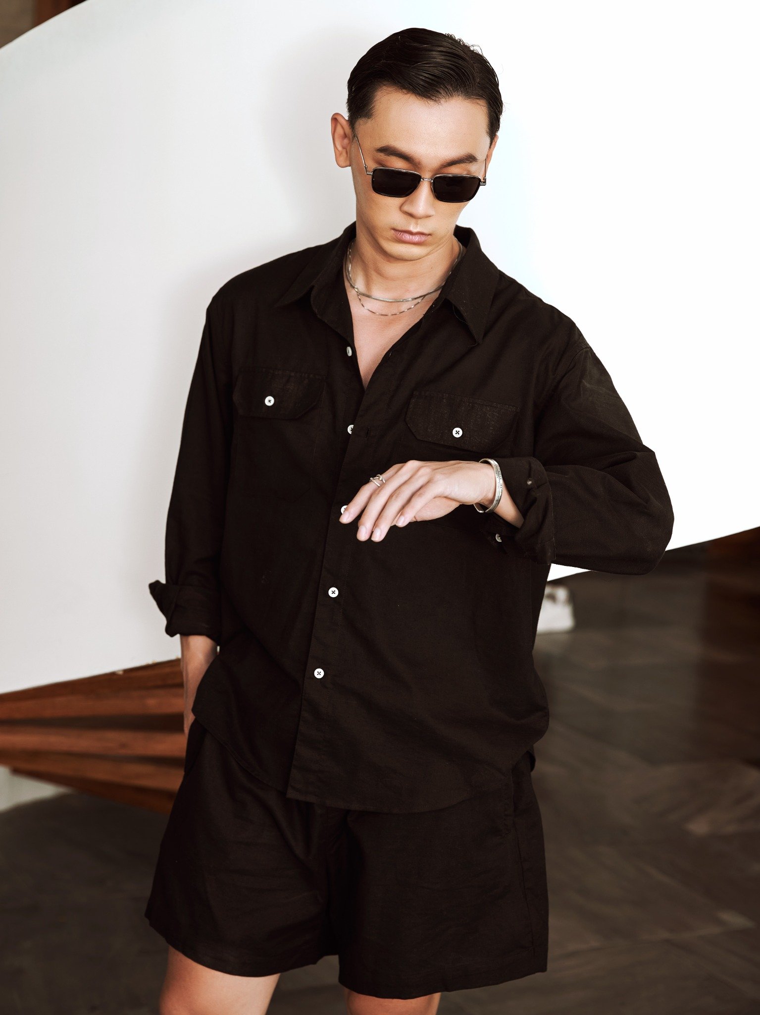 AG536 PREMIUM REGULAR FIT LINEN POCKET SHIRT - BLACK