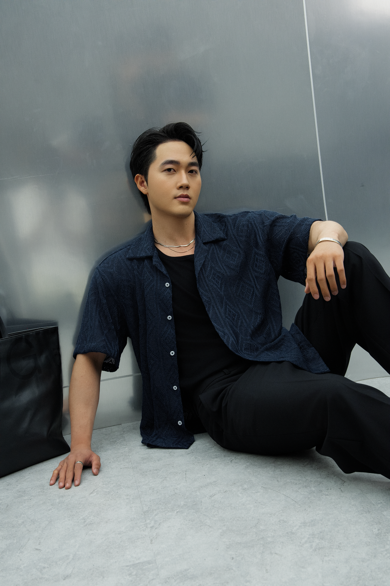 AG537 STUDIO LOOSE FIT CROCHET CUBAN SHIRT - DARK BLUE
