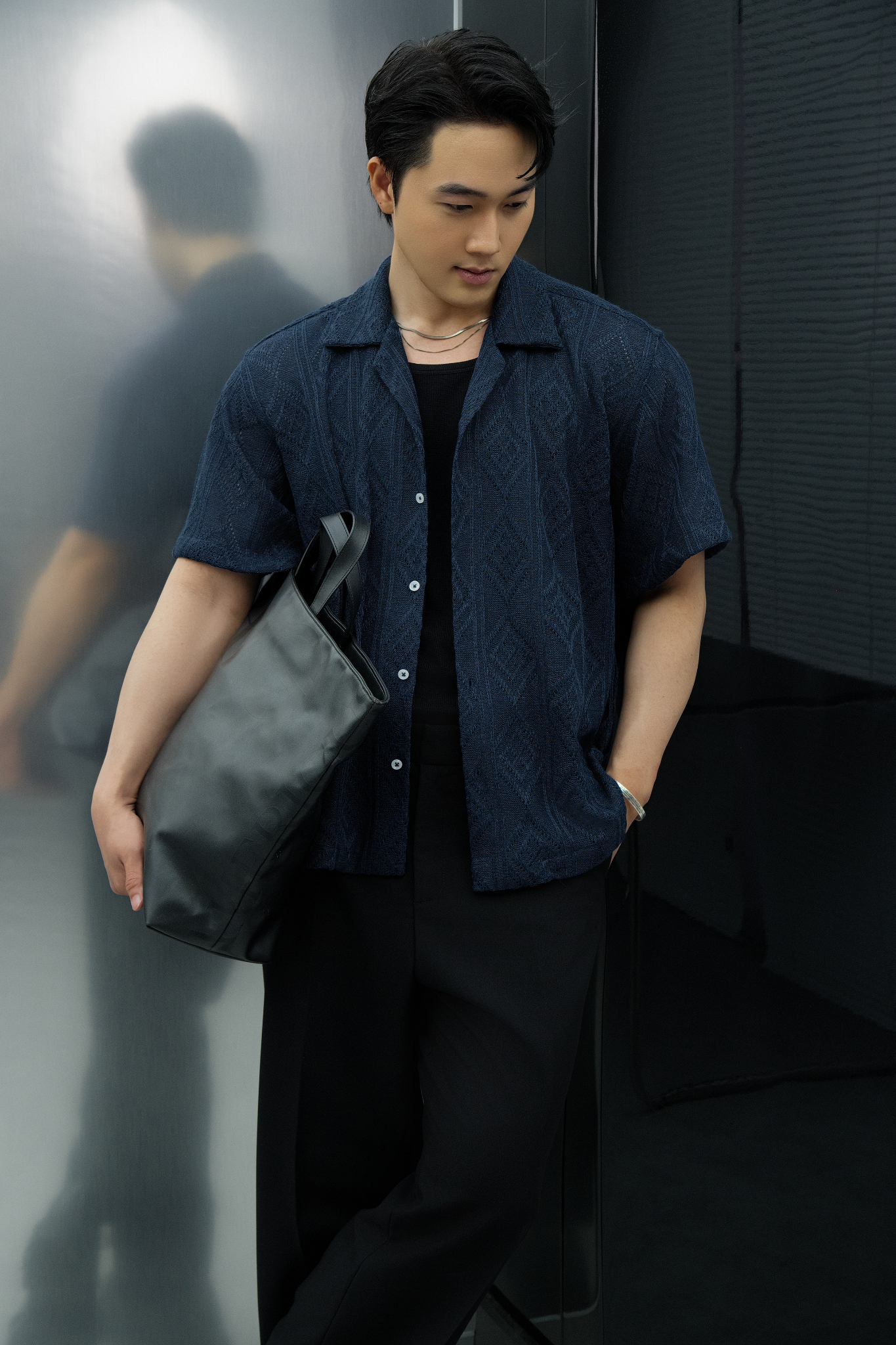 AG537 STUDIO LOOSE FIT CROCHET CUBAN SHIRT - DARK BLUE