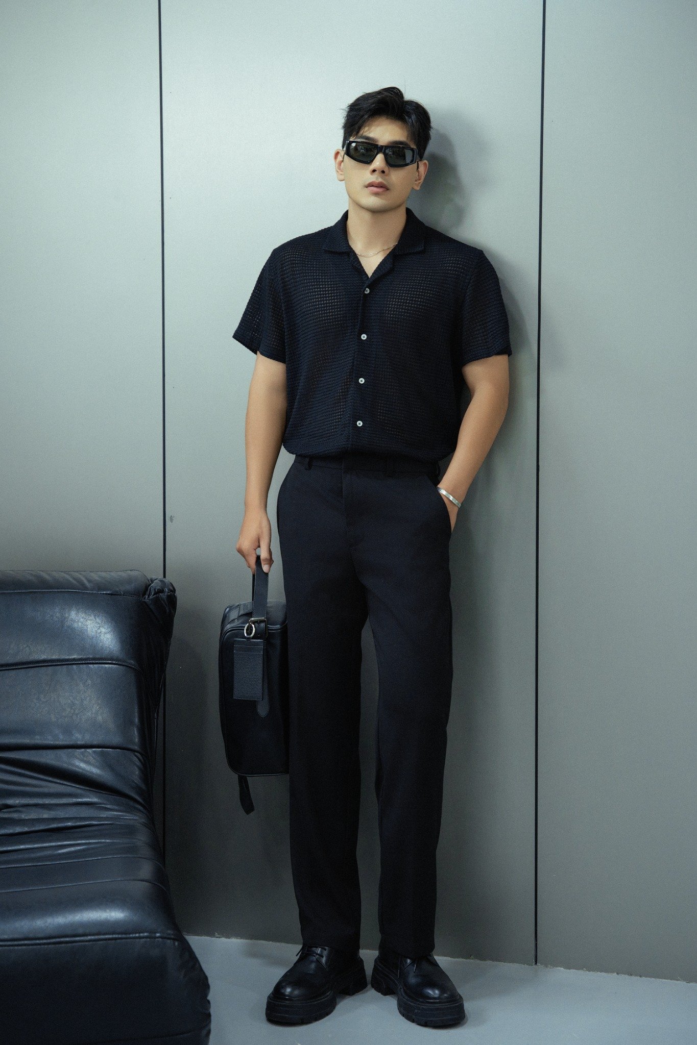 AG533 STUDIO LOOSE FIT CROCHET CUBAN SHIRT - BLACK