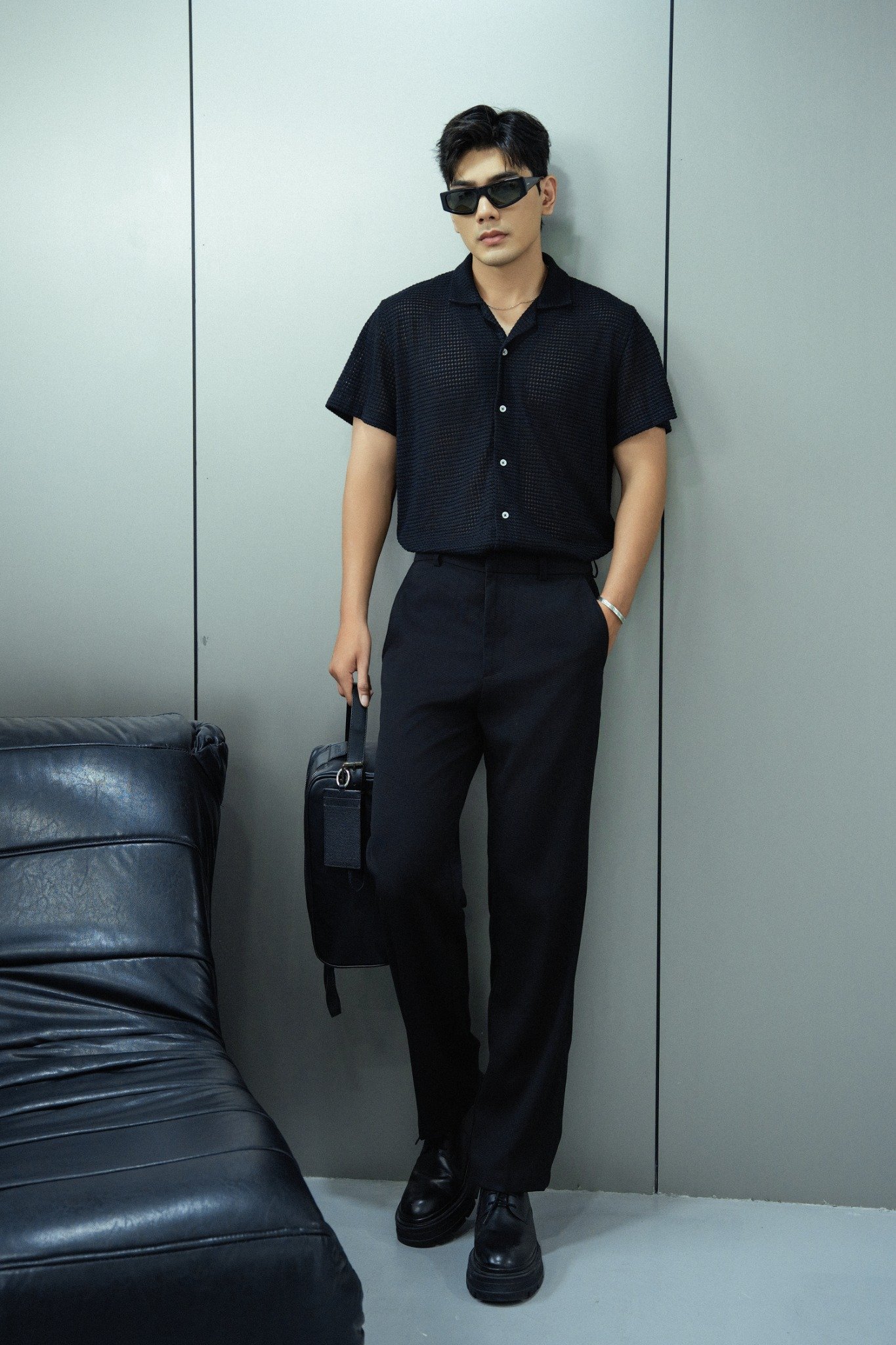 AG533 STUDIO LOOSE FIT CROCHET CUBAN SHIRT - BLACK