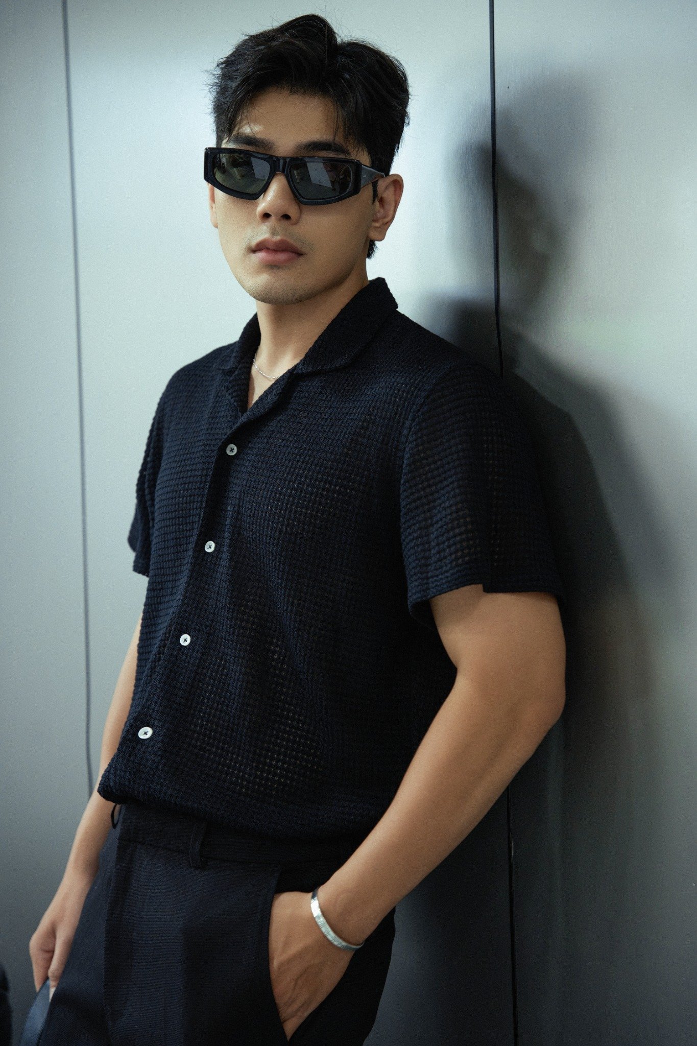 AG533 STUDIO LOOSE FIT CROCHET CUBAN SHIRT - BLACK