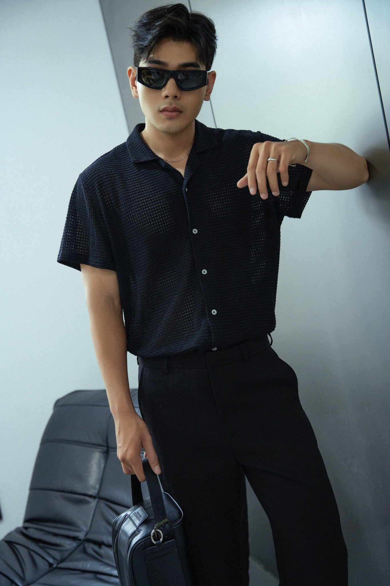 AG533 STUDIO LOOSE FIT CROCHET CUBAN SHIRT - BLACK