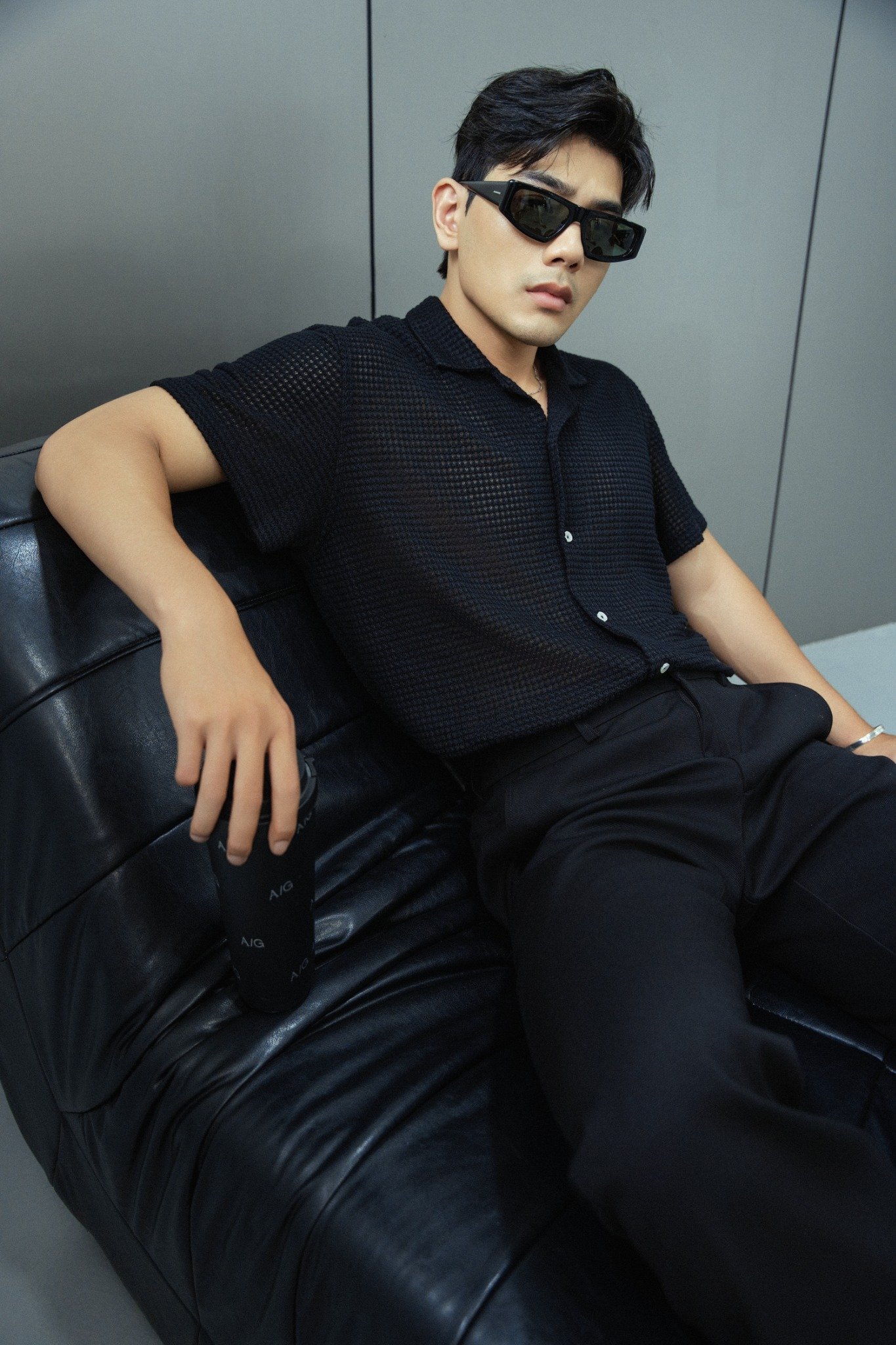 AG533 STUDIO LOOSE FIT CROCHET CUBAN SHIRT - BLACK