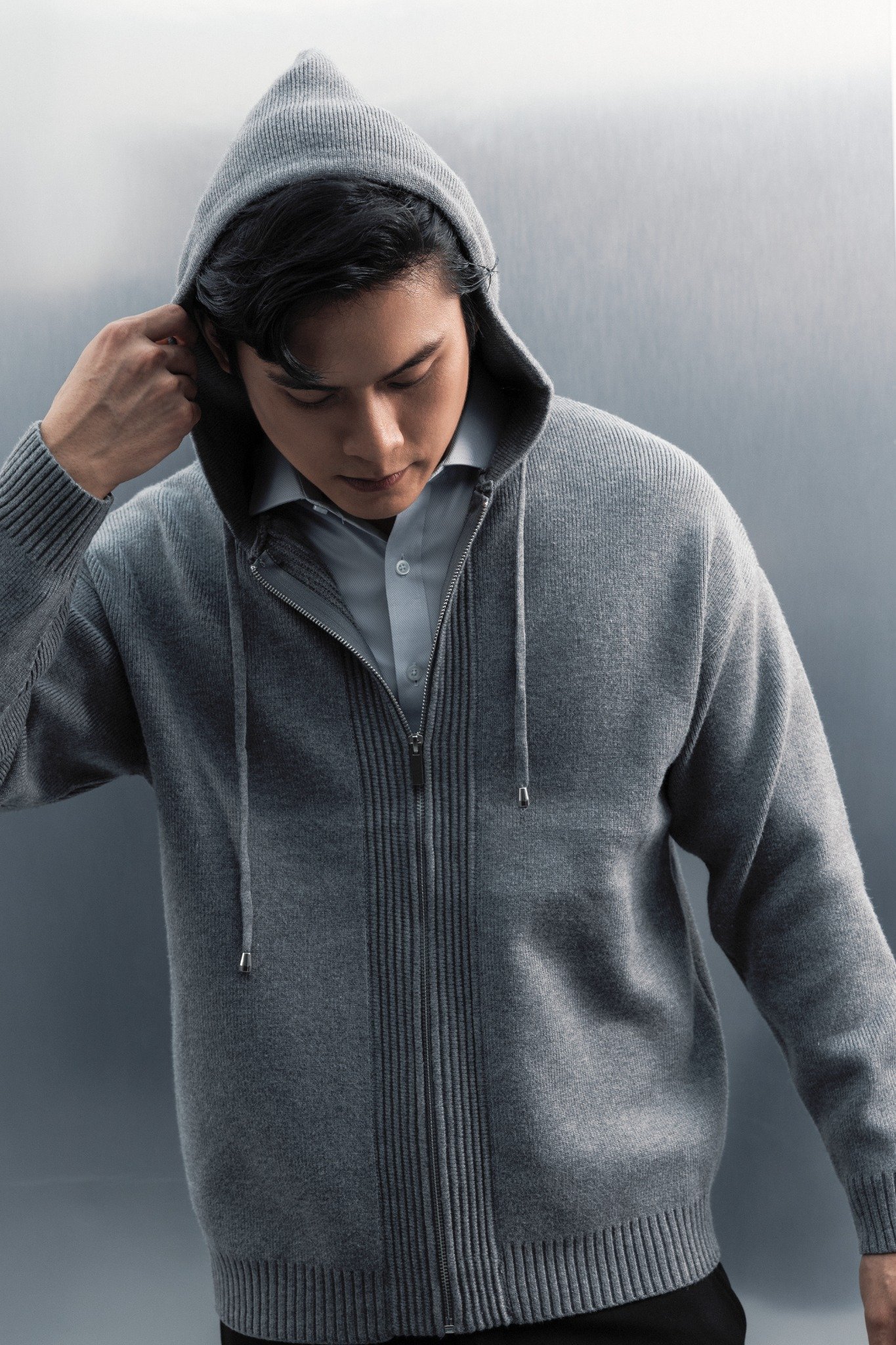 AG731 STUDIO SLIMFIT ZIP-UP RIB KNITTED JACKET - LIGHT GREY