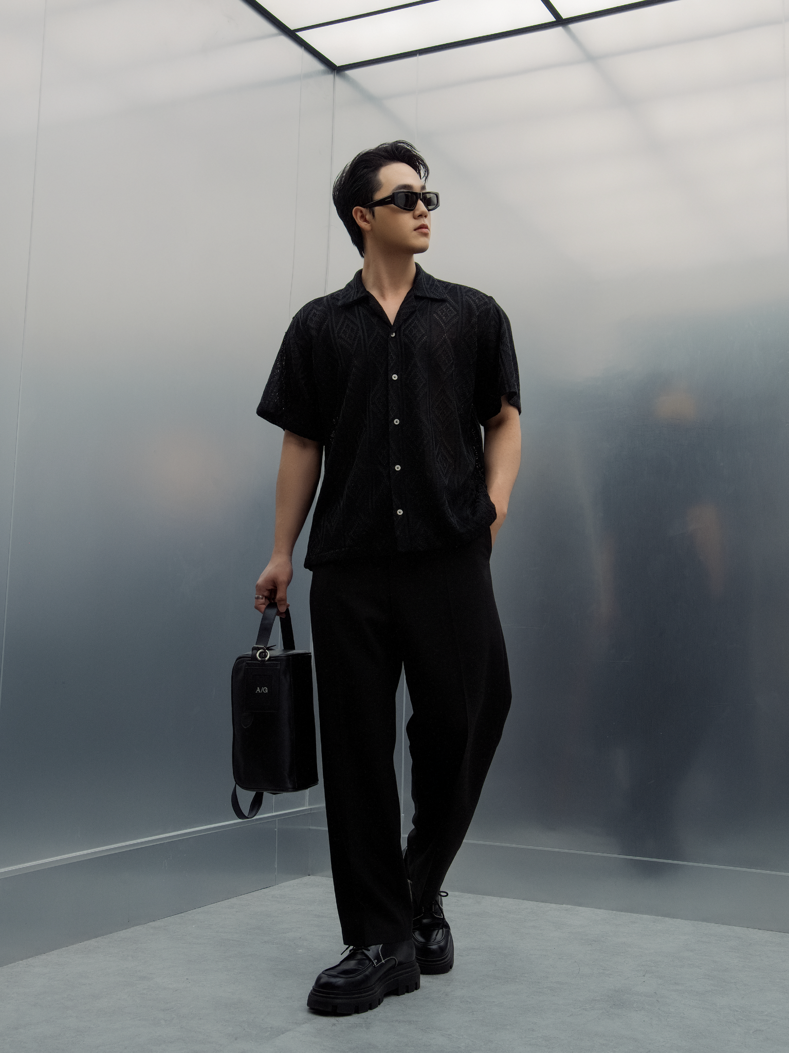 AG537 STUDIO LOOSE FIT CROCHET CUBAN SHIRT - BLACK