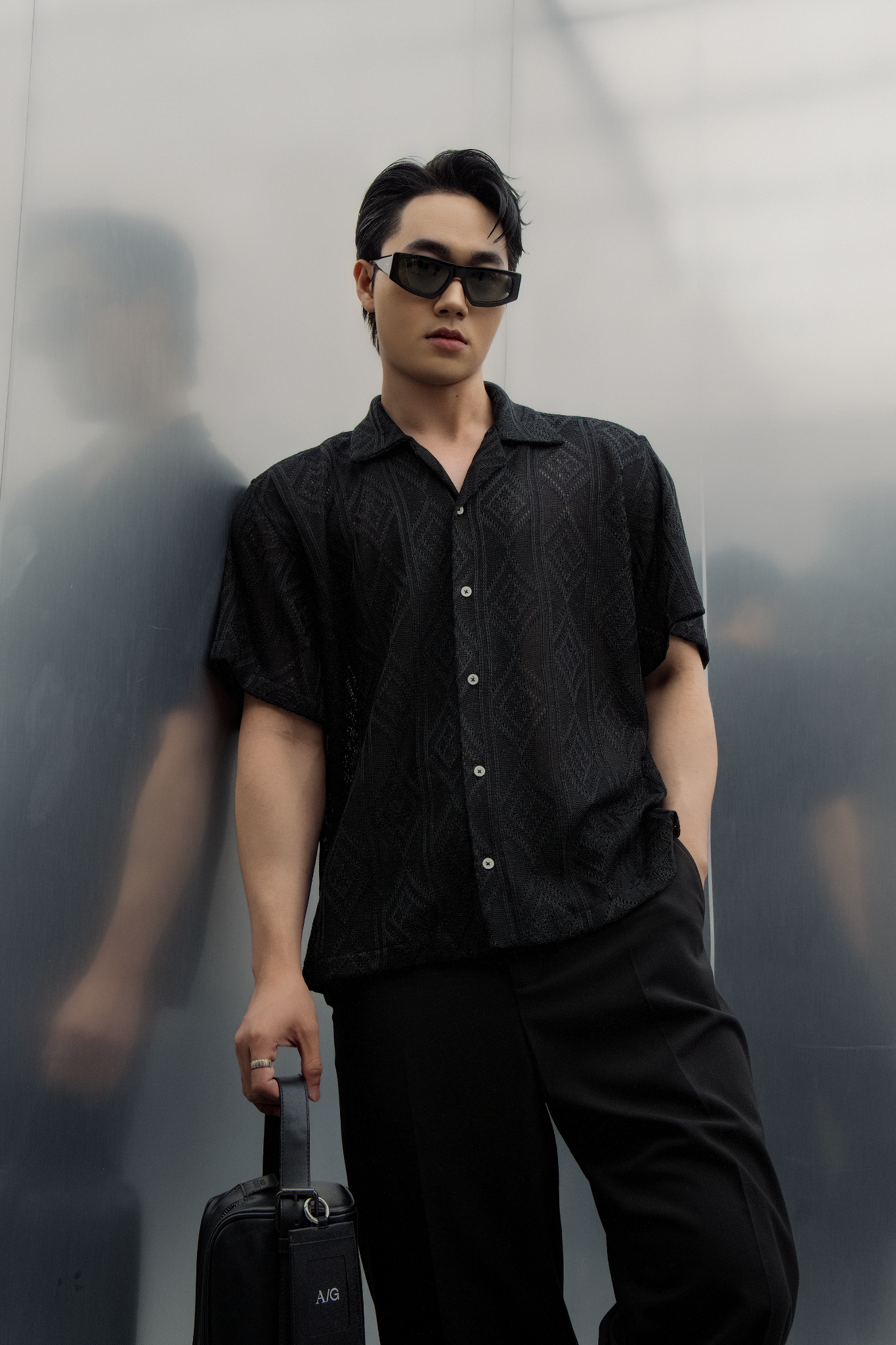 AG537 STUDIO LOOSE FIT CROCHET CUBAN SHIRT - BLACK
