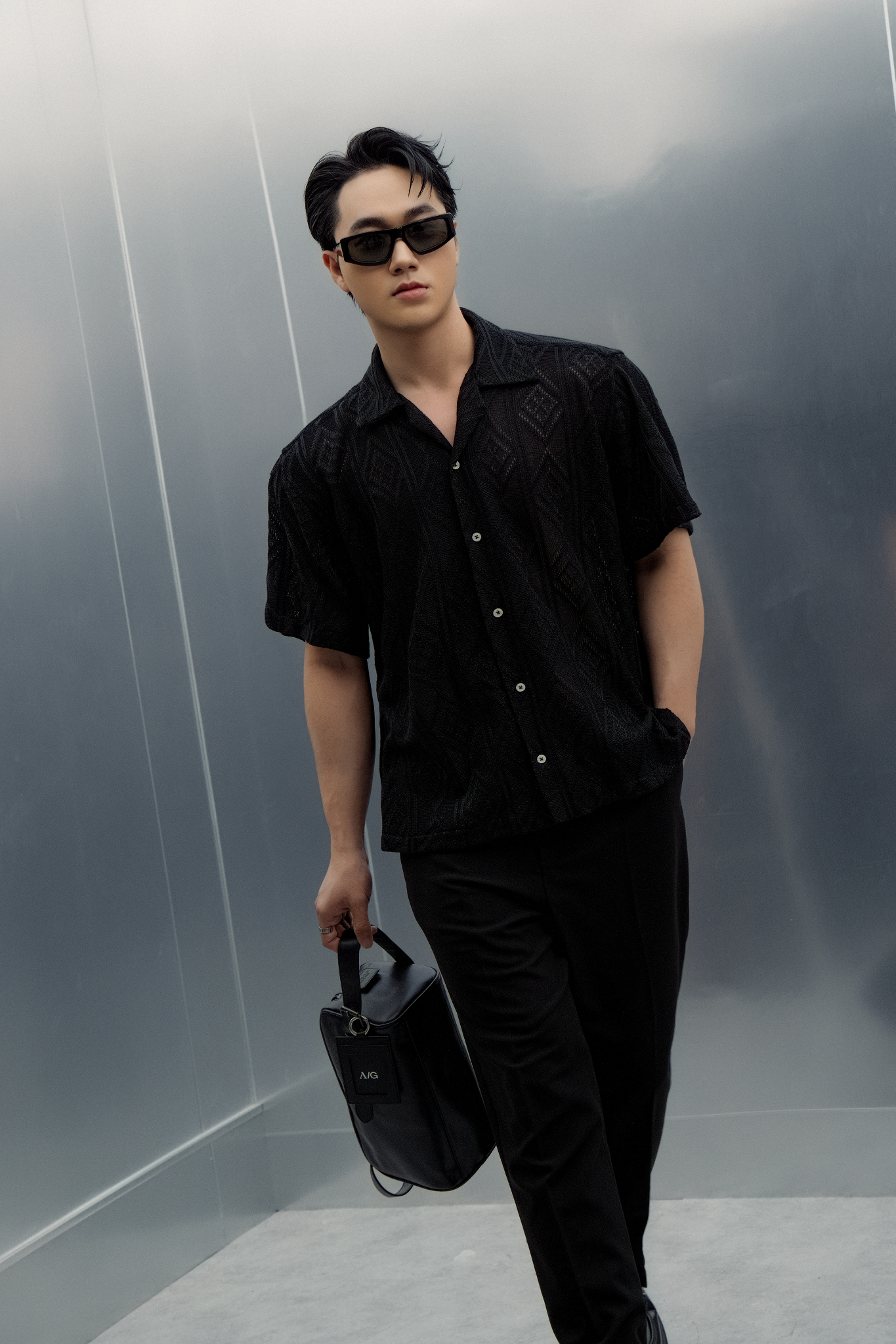 AG537 STUDIO LOOSE FIT CROCHET CUBAN SHIRT - BLACK