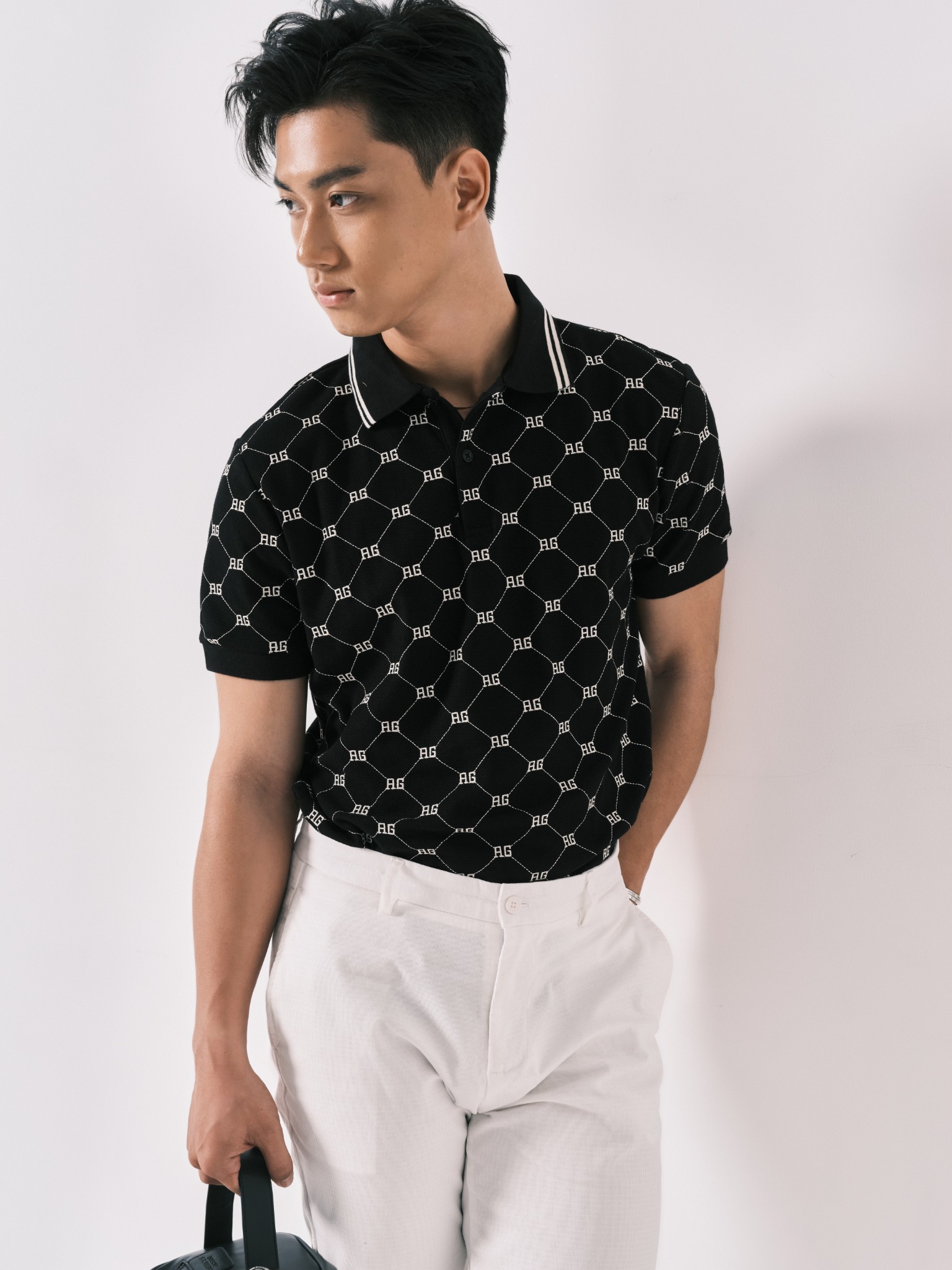 AG44 PREMIUM SLIMFIT MONOGRAM POLO - BLACK