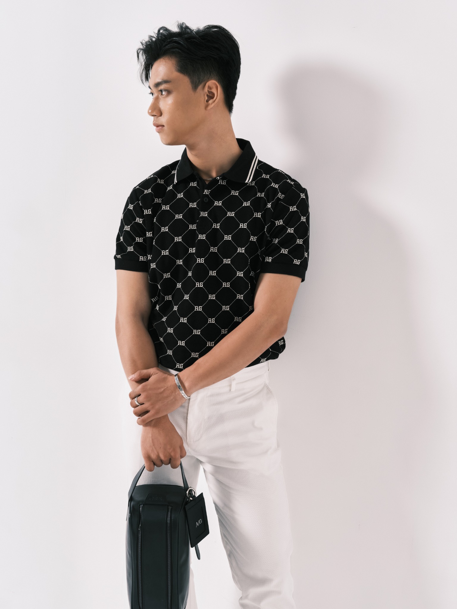 AG44 PREMIUM SLIMFIT MONOGRAM POLO - BLACK