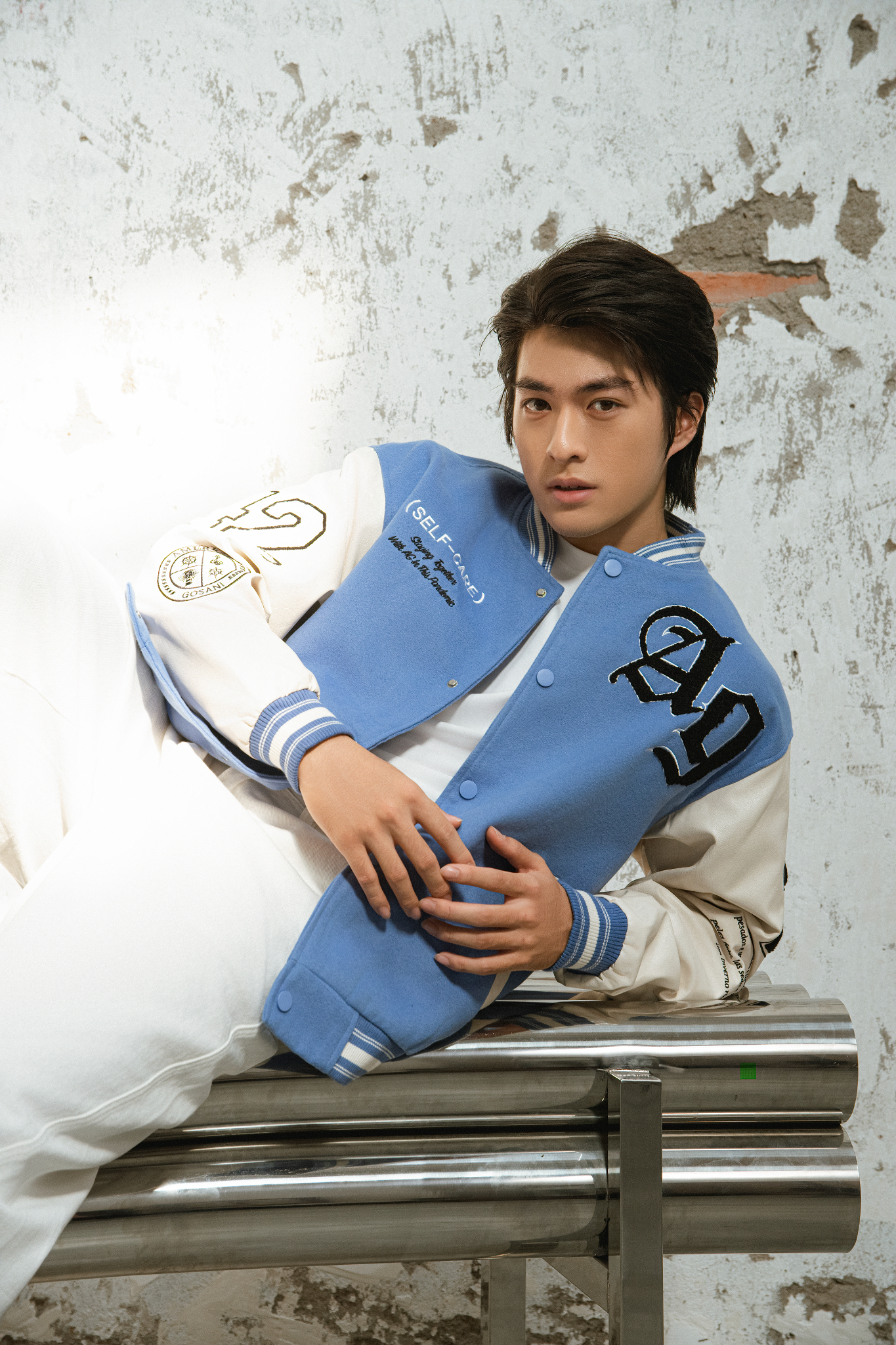 AG818 STUDIO LOOSE FIT EMBROIDERED VARSITY JACKET - LIGHT BLUE