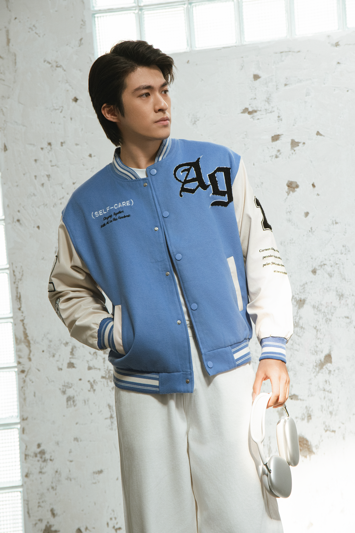 AG818 STUDIO LOOSE FIT EMBROIDERED VARSITY JACKET - LIGHT BLUE