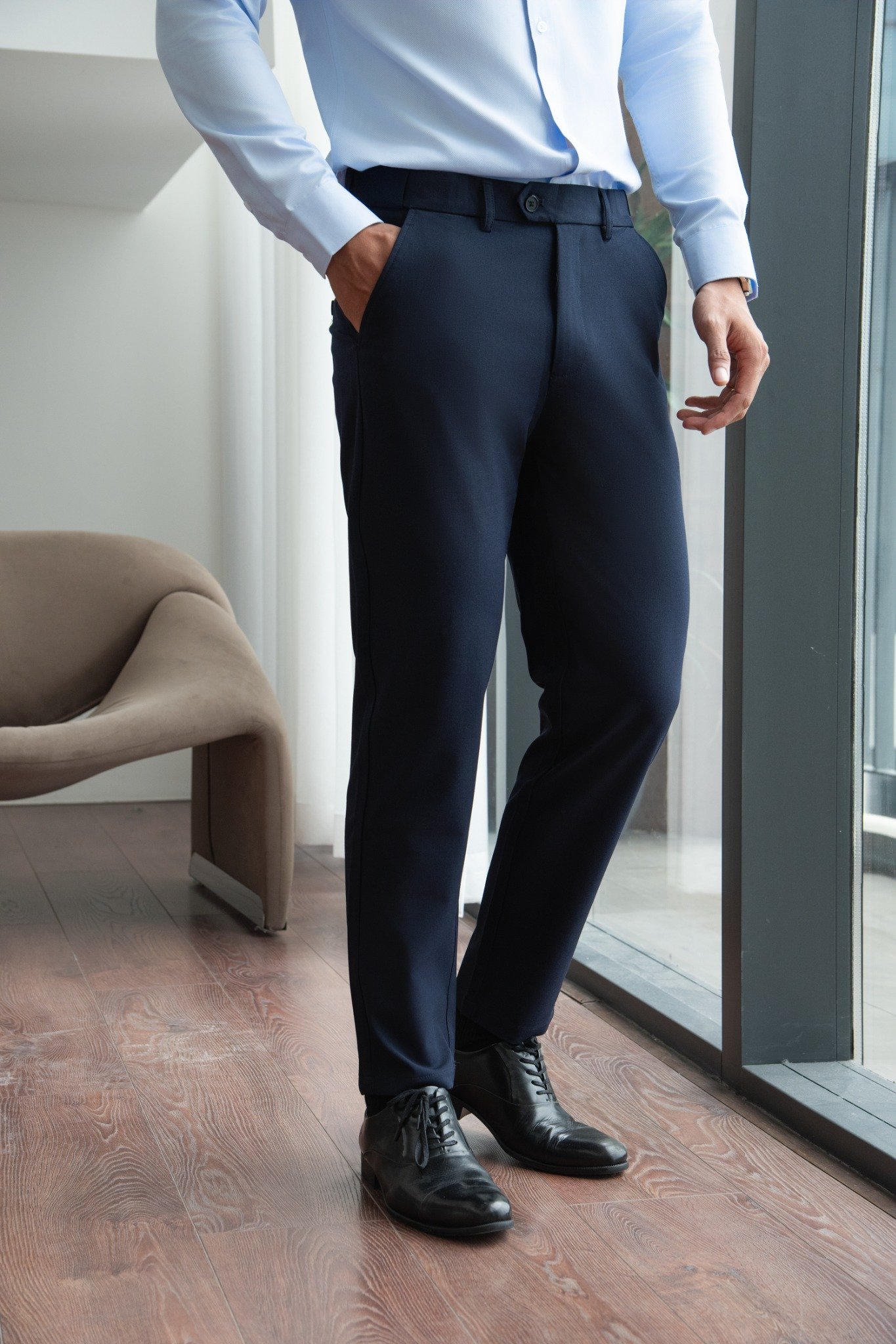 AG508 PREMIUM SLIMFIT ELASTIC WAIST TROUSERS - DARK BLUE