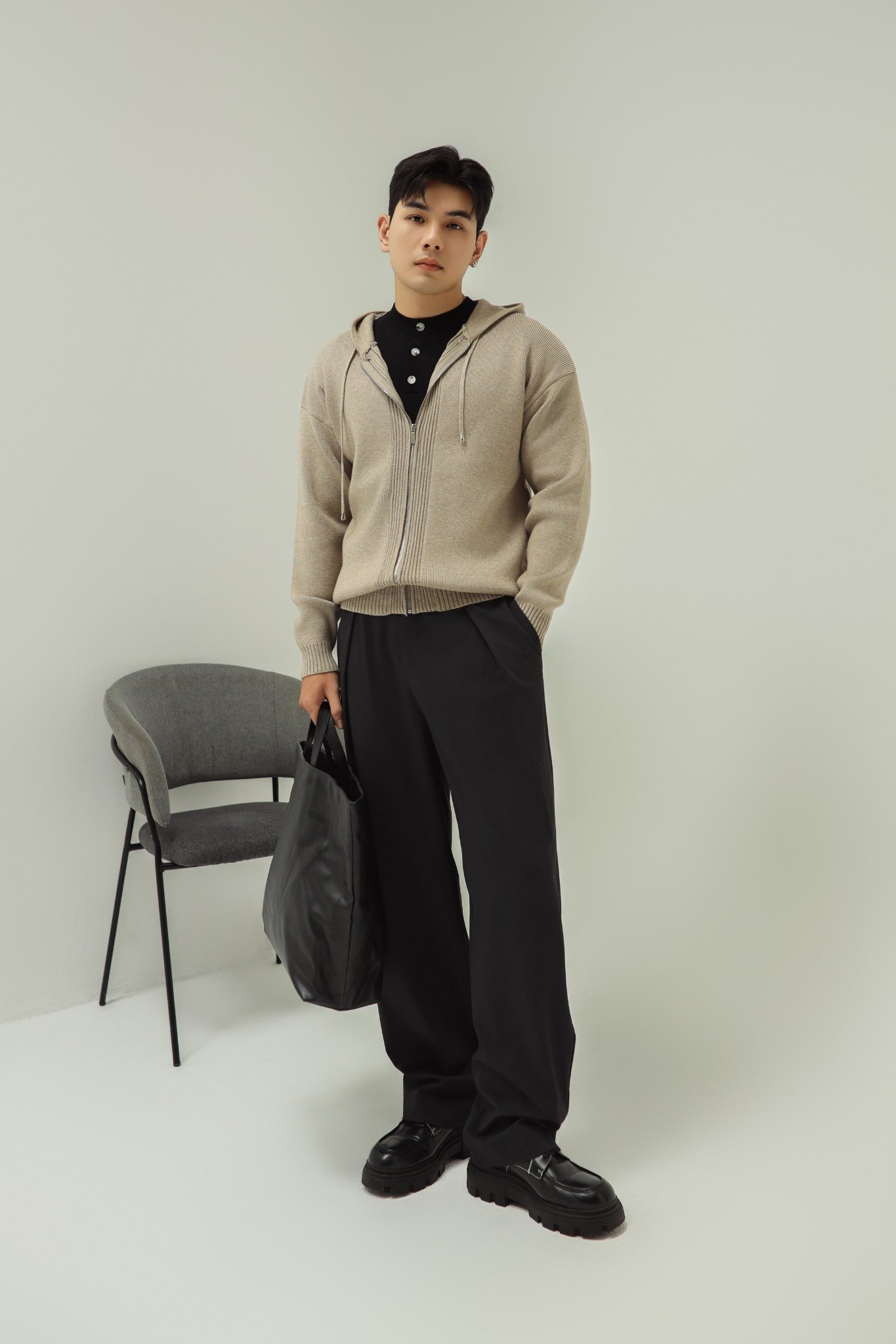 AG731 STUDIO SLIMFIT ZIP-UP RIB KNITTED JACKET - BEIGE