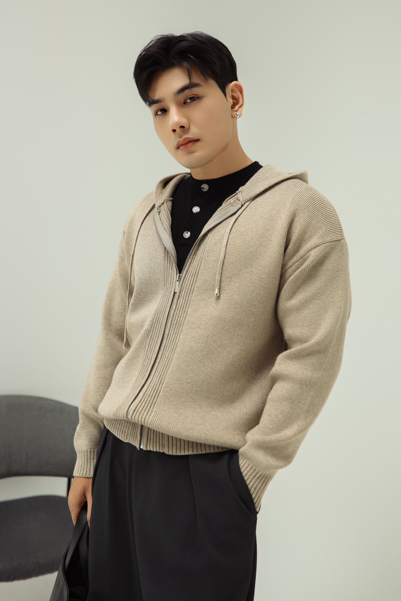 AG731 STUDIO SLIMFIT ZIP-UP RIB KNITTED JACKET - BEIGE